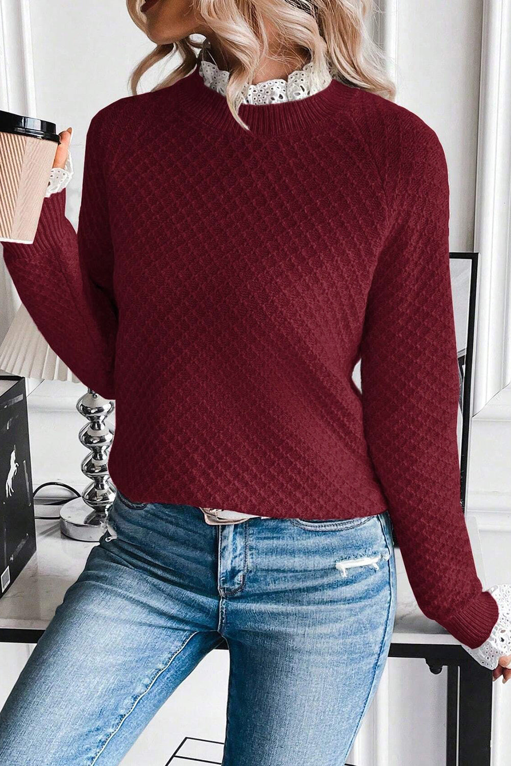 Burgundy Contrast Lace Frilled Trim Raglan Sleeve Sweater-TOPS / DRESSES-[Adult]-[Female]-2022 Online Blue Zone Planet