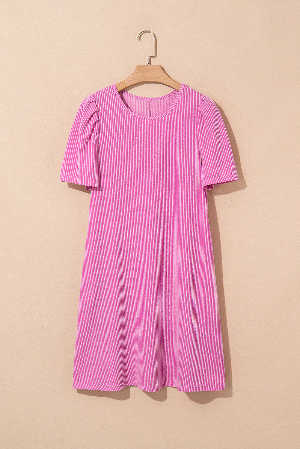 Bright Pink Corded Knit Crew Neck Puff Sleeve Shift Mini Dress-TOPS / DRESSES-[Adult]-[Female]-2022 Online Blue Zone Planet