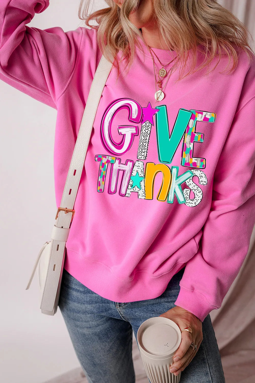 GIVE THANKS Round Neck Long Sleeve Sweatshirt-TOPS / DRESSES-[Adult]-[Female]-2022 Online Blue Zone Planet