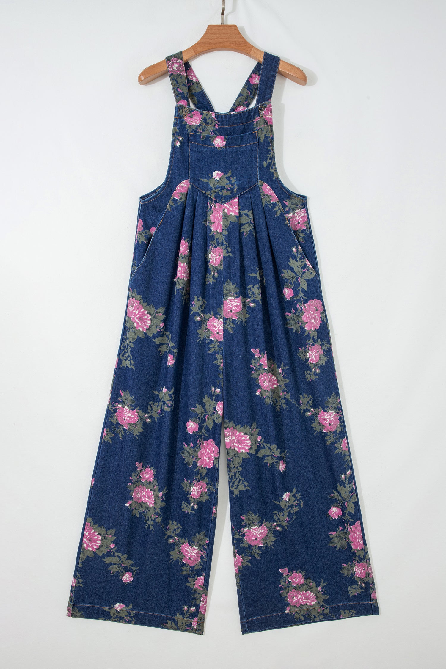 Blue Beau Floral Print Pleated High Waist Wide Leg Denim Jumpsuit-Bottoms/Jumpsuits & Rompers-[Adult]-[Female]-2022 Online Blue Zone Planet