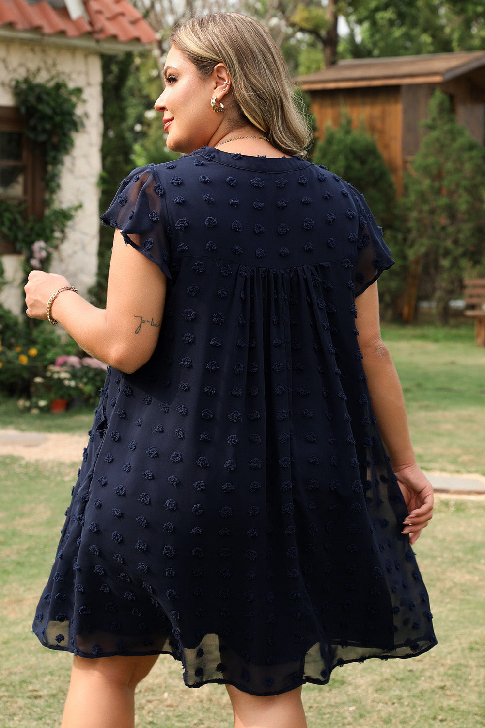 Navy Blue Dotty Textured Notched Neck Plus Ruffled Dress-TOPS / DRESSES-[Adult]-[Female]-2022 Online Blue Zone Planet