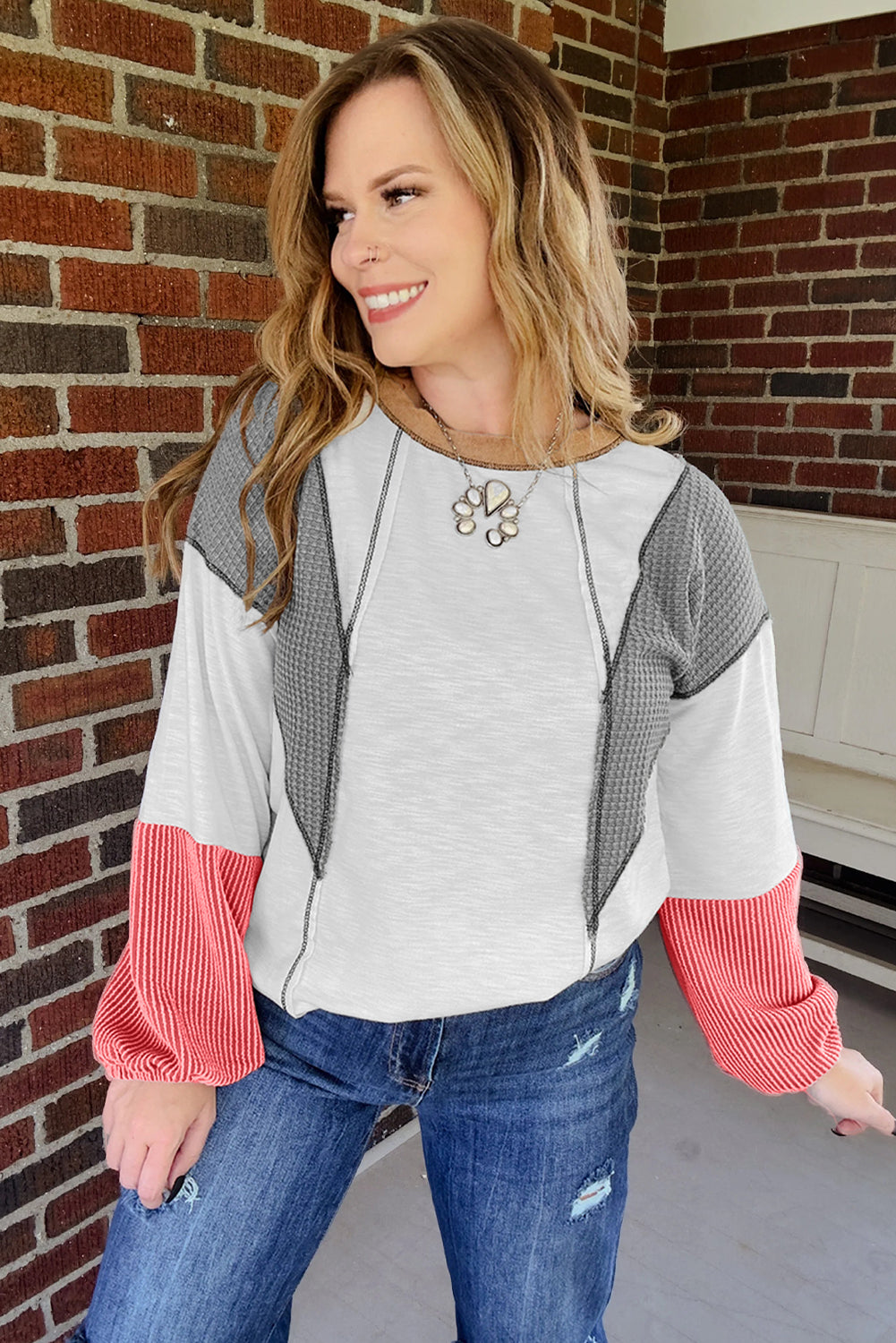 White Contrast Block Mixed Textured Knit Patchwork Casual Top-Tops/Long Sleeve Tops-[Adult]-[Female]-2022 Online Blue Zone Planet