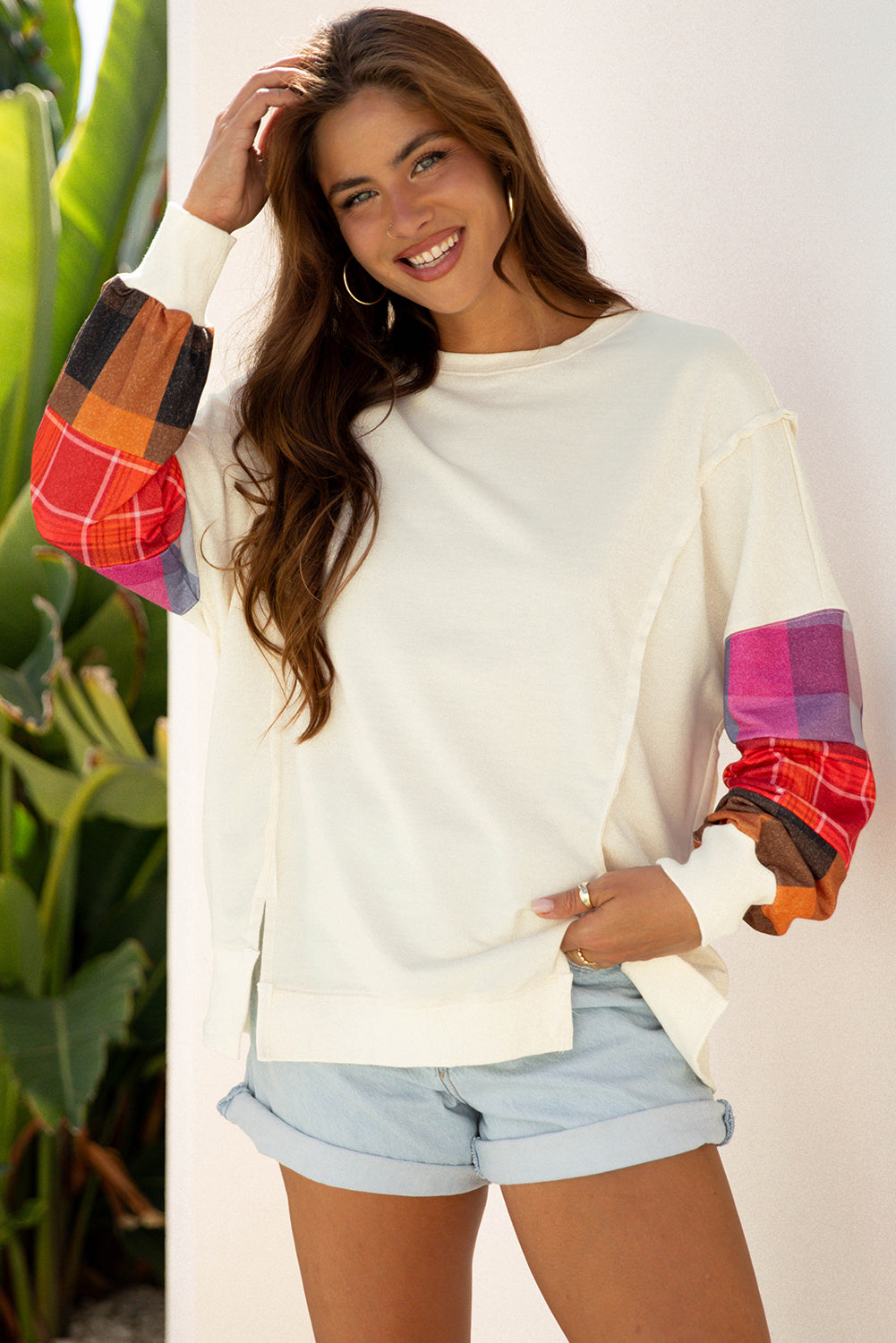 Beige Contrast Plaid Long Sleeve Exposed Seam Patchwork Top-Tops/Long Sleeve Tops-[Adult]-[Female]-2022 Online Blue Zone Planet