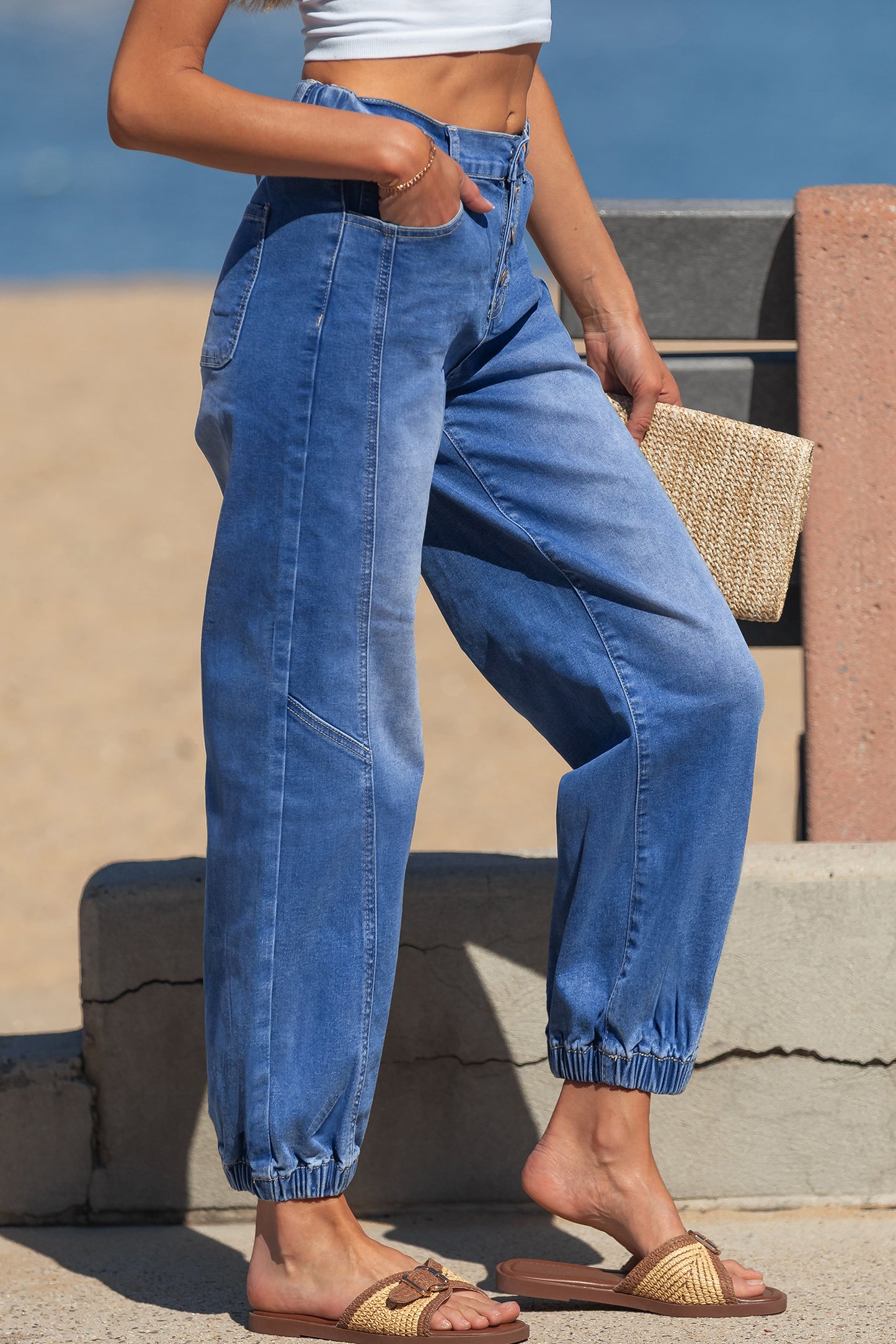 Blue 4 Buttons Front Tapered Casual Loose Fit Jeans-Bottoms/Jeans-[Adult]-[Female]-2022 Online Blue Zone Planet