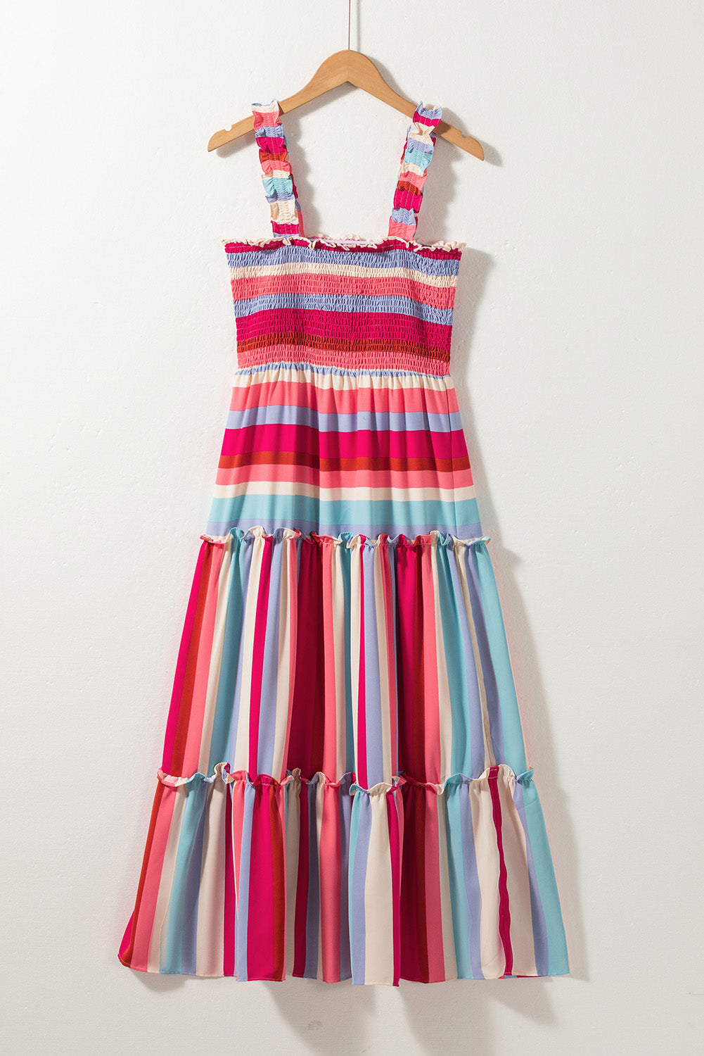 Red Stripe Ruffled Straps Smocked Tiered Long Dress-TOPS / DRESSES-[Adult]-[Female]-2022 Online Blue Zone Planet