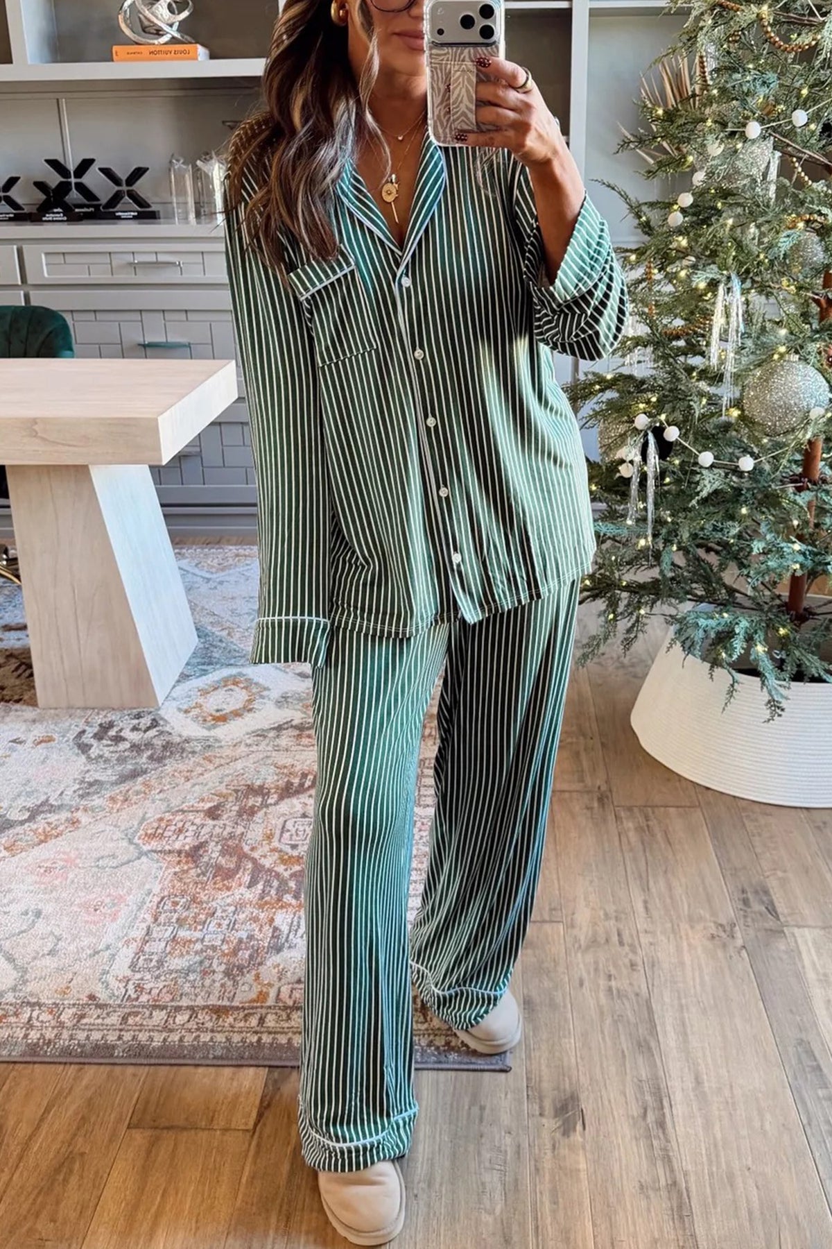 Green Stripe Chest Pocket Lapel Shirt Piping Trim Pajama Pant Set-Loungewear & Sleepwear/Loungewear-[Adult]-[Female]-Green Stripe-S-2022 Online Blue Zone Planet