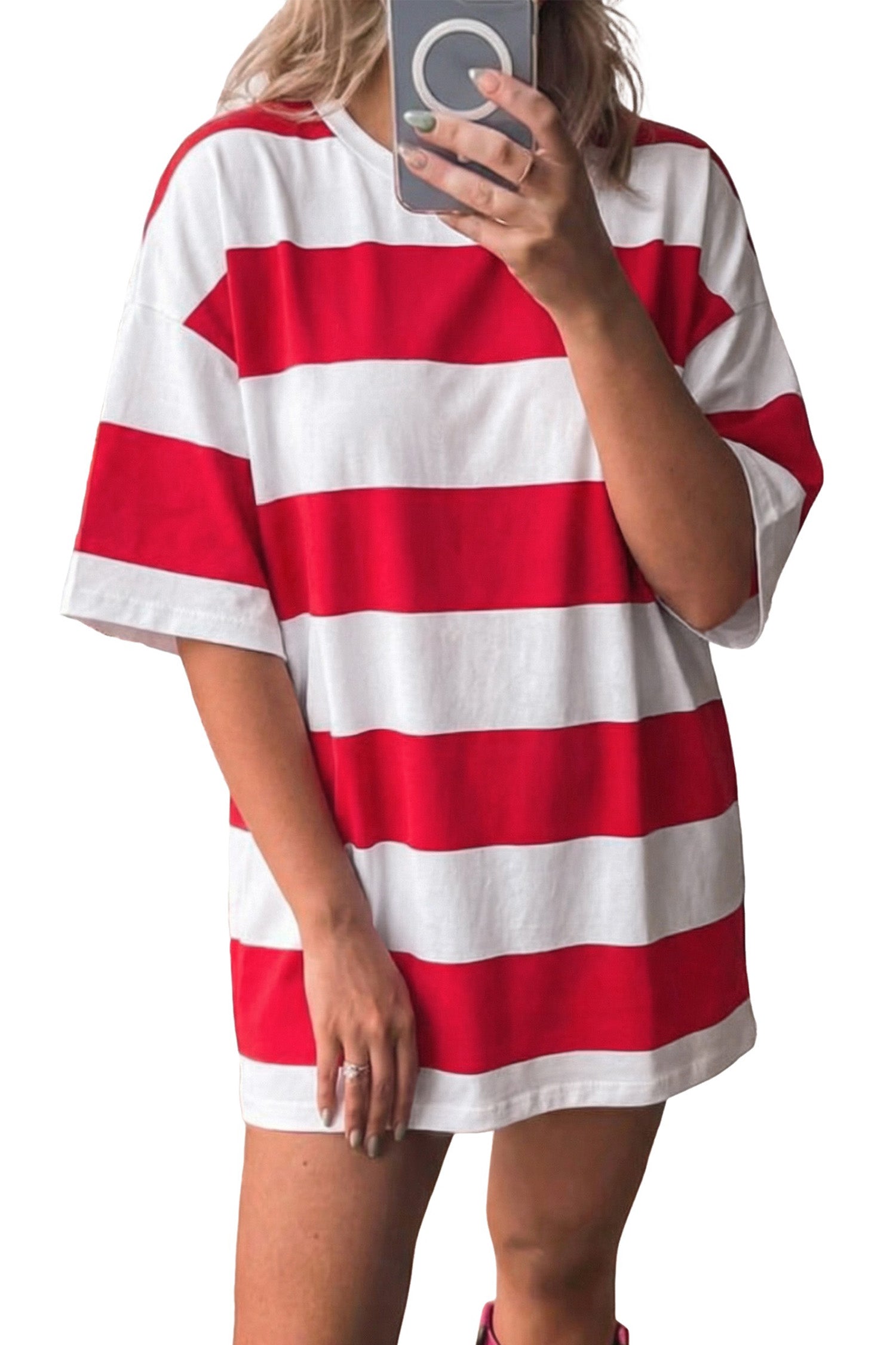 Racing Red Striped Color Block Oversize Tunic Tee-Tops/Tops & Tees-[Adult]-[Female]-2022 Online Blue Zone Planet