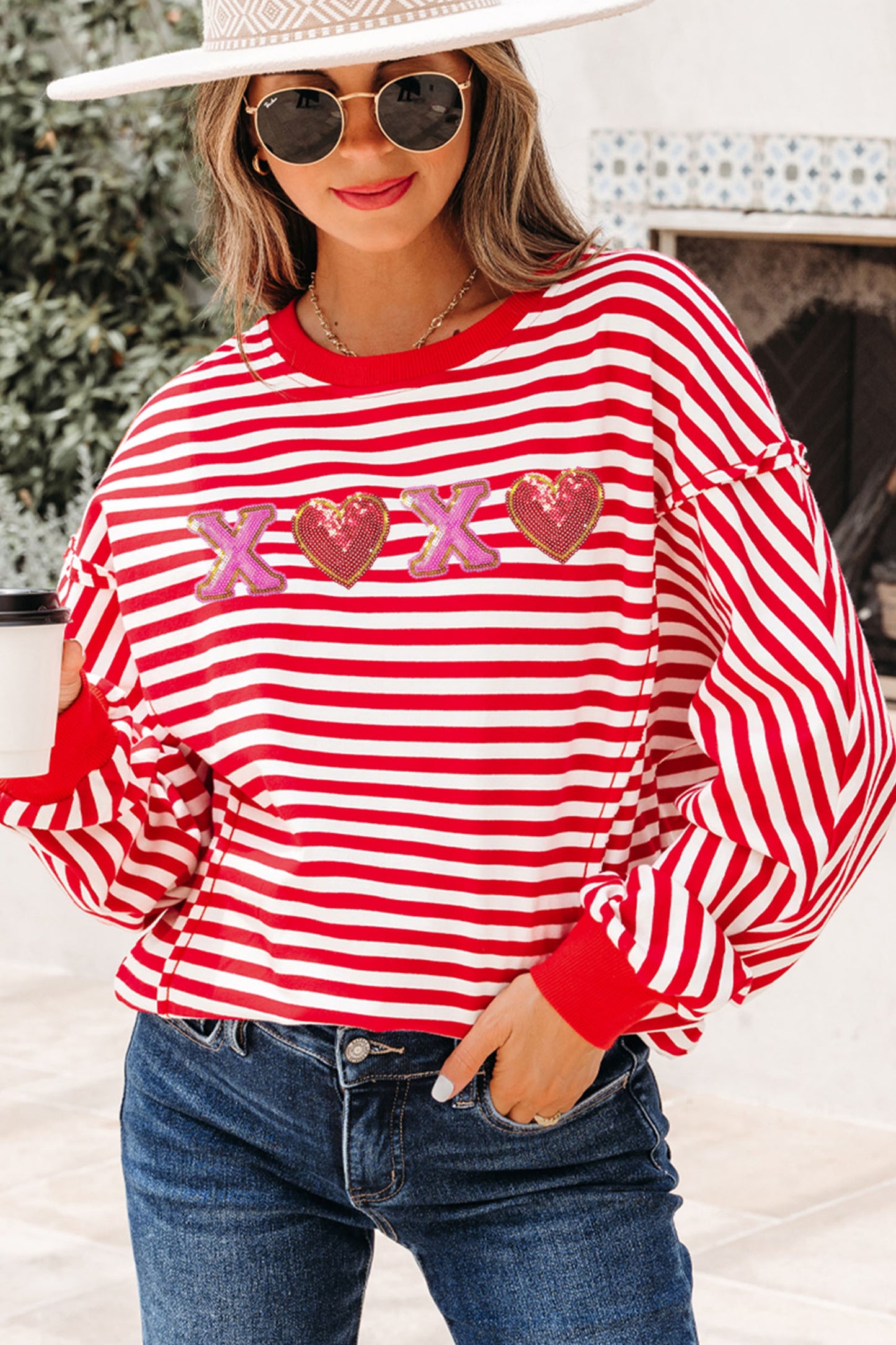 Red Stripe XOXO Sequin Heart Patched Valentines Day Long Sleeve Top-Graphic Long Sleeve Tees-[Adult]-[Female]-2022 Online Blue Zone Planet