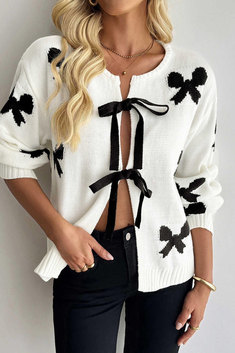 White Lace-up Bow Pattern Sweater Cardigan-Sweaters & Cardigans/Cardigans-[Adult]-[Female]-2022 Online Blue Zone Planet