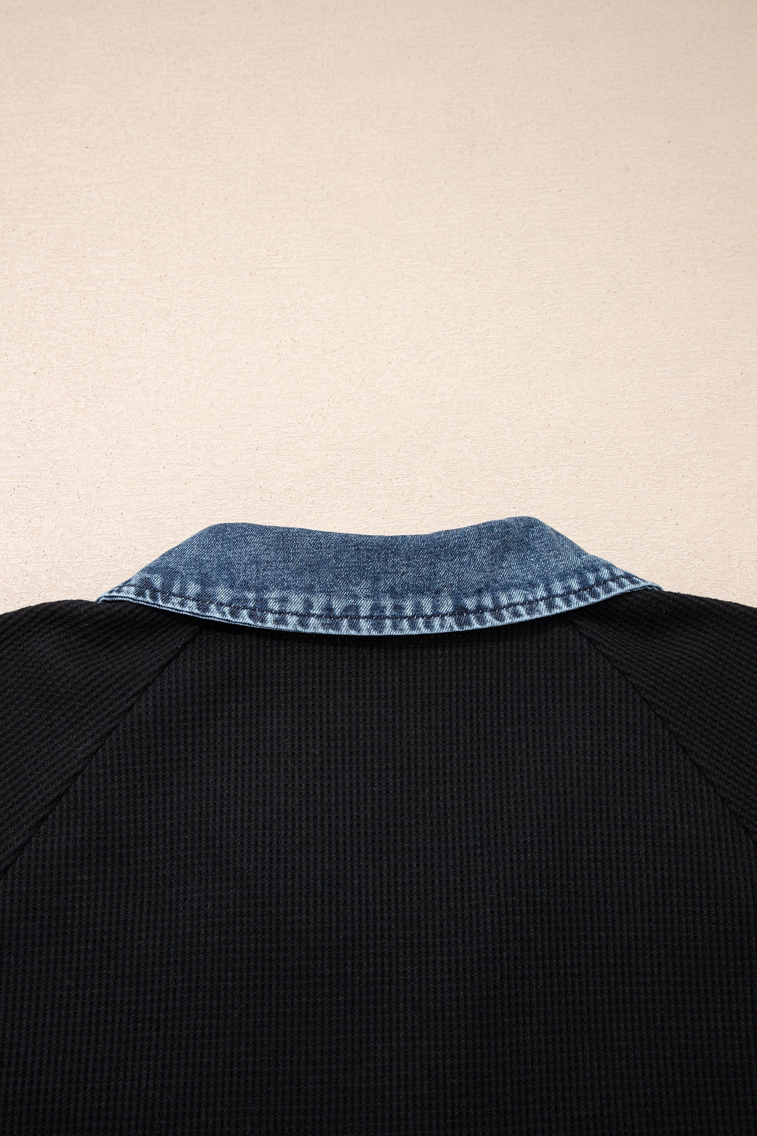 Black Plus Size Textured Contrast Denim Patchwork Button Polo Tee-Plus Size/Plus Size Tops-[Adult]-[Female]-2022 Online Blue Zone Planet