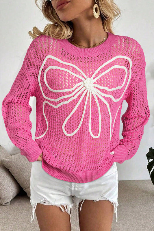 Sachet Pink Sweet Bow Decor Hollow Out Knitted Drop Shoulder Sweater-TOPS / DRESSES-[Adult]-[Female]-Sachet Pink-S-2022 Online Blue Zone Planet