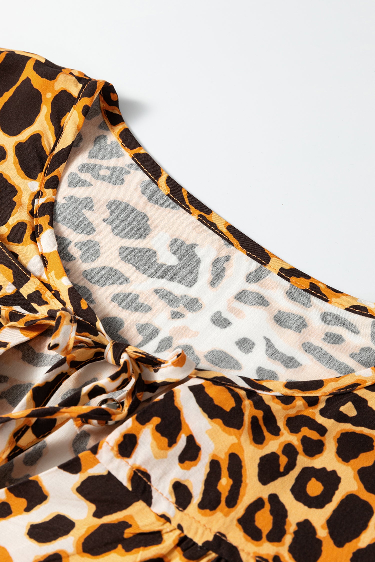 Leopard Print Short Puff Sleeve Slit Neck Babydoll Blouse-Tops/Blouses & Shirts-[Adult]-[Female]-2022 Online Blue Zone Planet