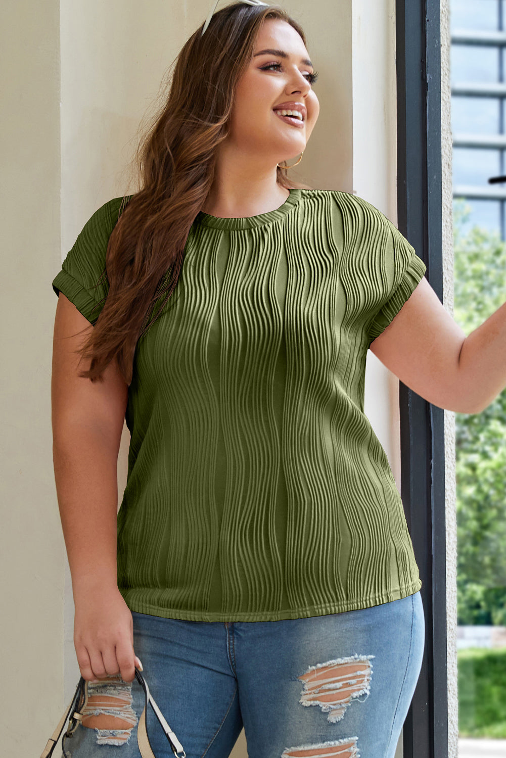 Rose Red Solid Color Wavy Textured Plus Size Tee-Plus Size/Plus Size Tops/Plus Size Tops & Tees-[Adult]-[Female]-2022 Online Blue Zone Planet