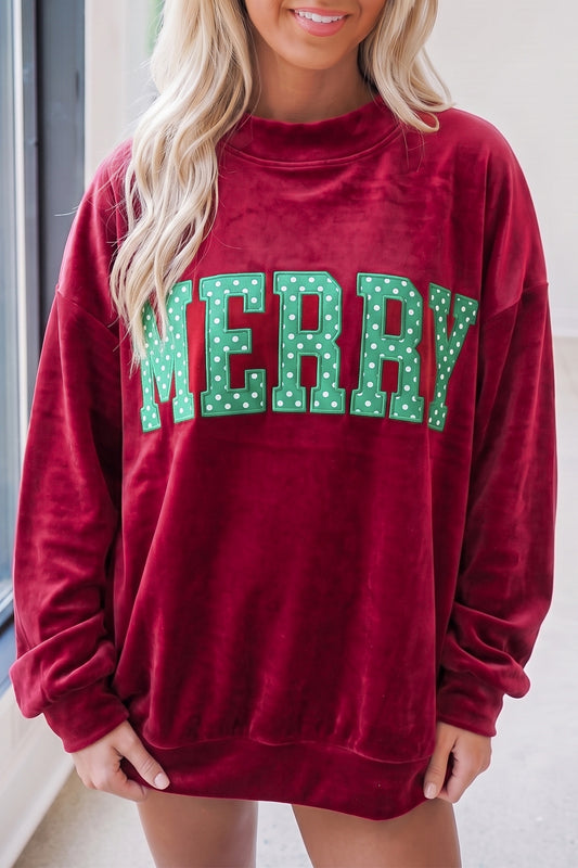 Burgundy Christmas Velvet Graphic Print Long Sleeve Sweatshirt-Tops/Sweatshirts & Hoodies-[Adult]-[Female]-Burgundy-S-2022 Online Blue Zone Planet