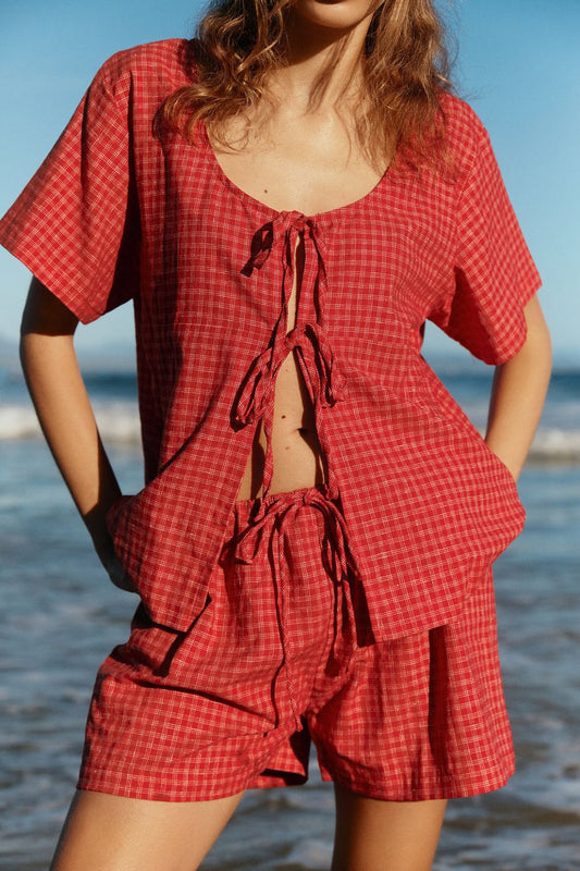 Plaid Tied Scoop Neck Short Sleeve Top and Drawstring Shorts Set-TOPS / DRESSES-[Adult]-[Female]-Deep Red-S-2022 Online Blue Zone Planet
