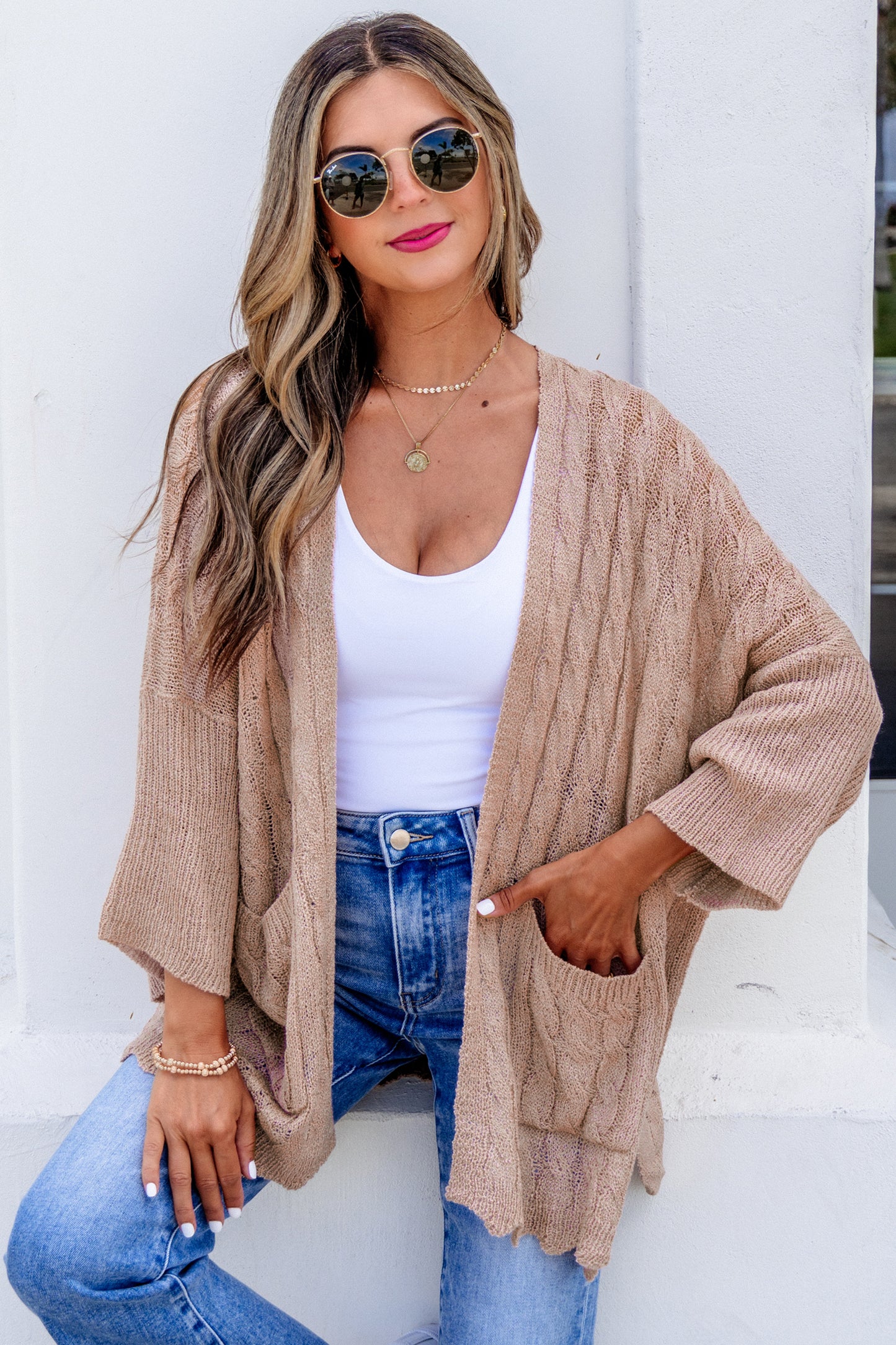 Old Rose Hollowed Pattern Knit Drop Shoulder Open Sweater Cardigan-Sweaters & Cardigans/Cardigans-[Adult]-[Female]-2022 Online Blue Zone Planet