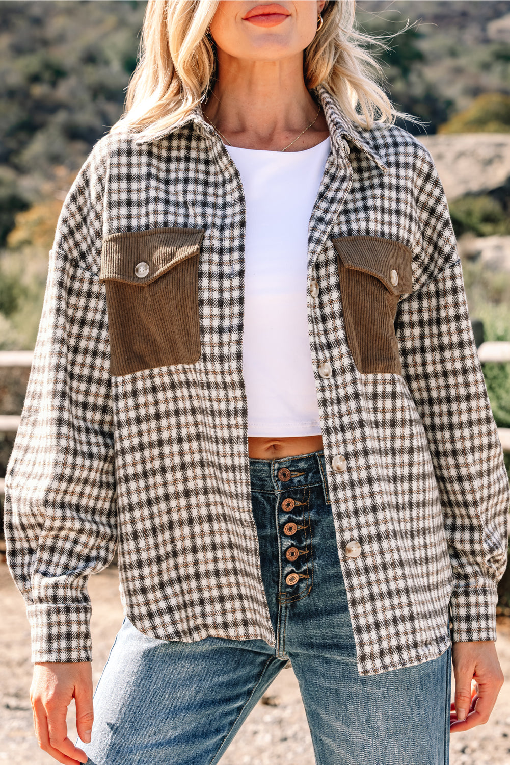 Casual Contrast Corduroy Flap Pocket Patchwork Plaid Shacket-Outerwear/Plaid Shackets-[Adult]-[Female]-2022 Online Blue Zone Planet