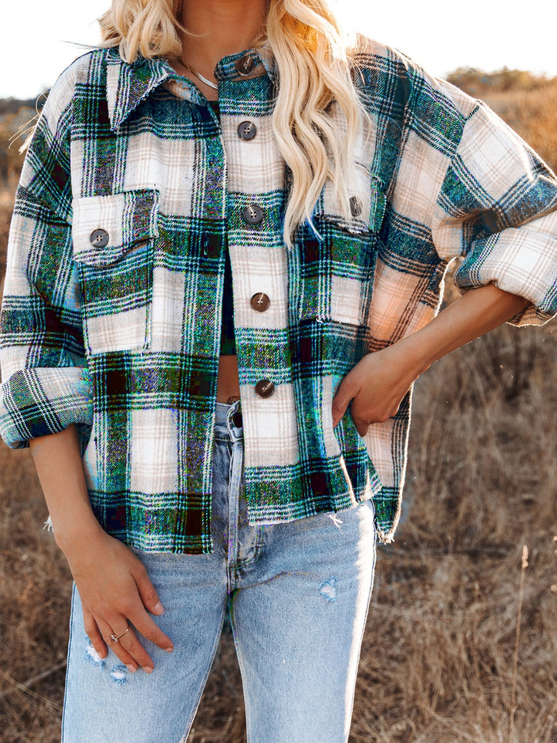 Pocketed Plaid Button Down Long Sleeve Shacket-TOPS / DRESSES-[Adult]-[Female]-Dark Green-S-2022 Online Blue Zone Planet