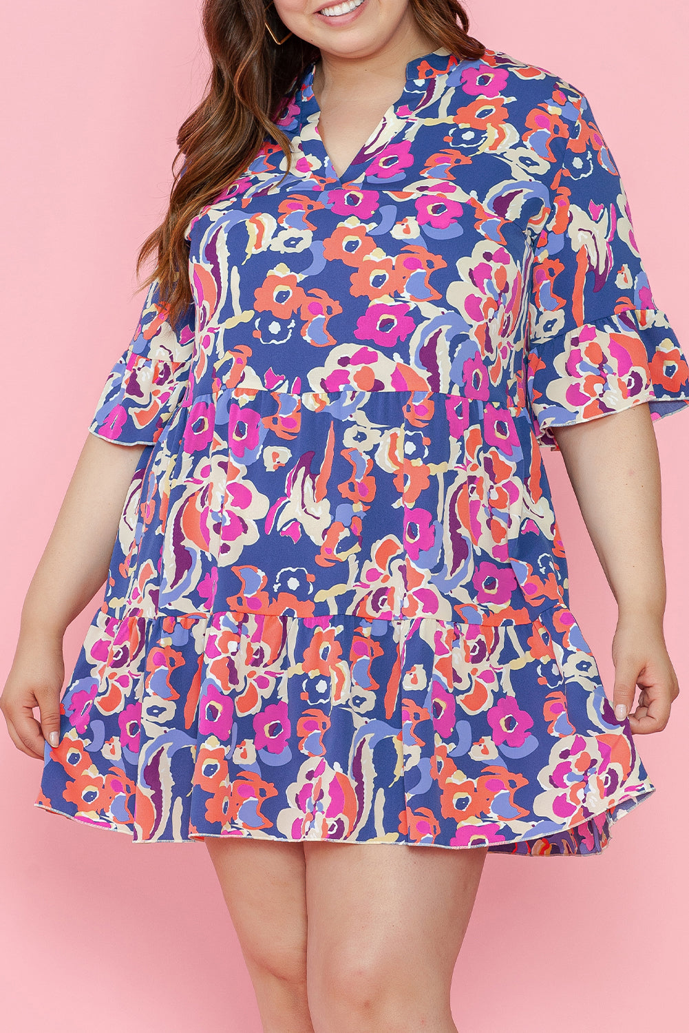 Blue Zone Planet | Blue Plus Size Floral Print Ruffled 3/4 Sleeve Mini Dress-TOPS / DRESSES-[Adult]-[Female]-2022 Online Blue Zone Planet