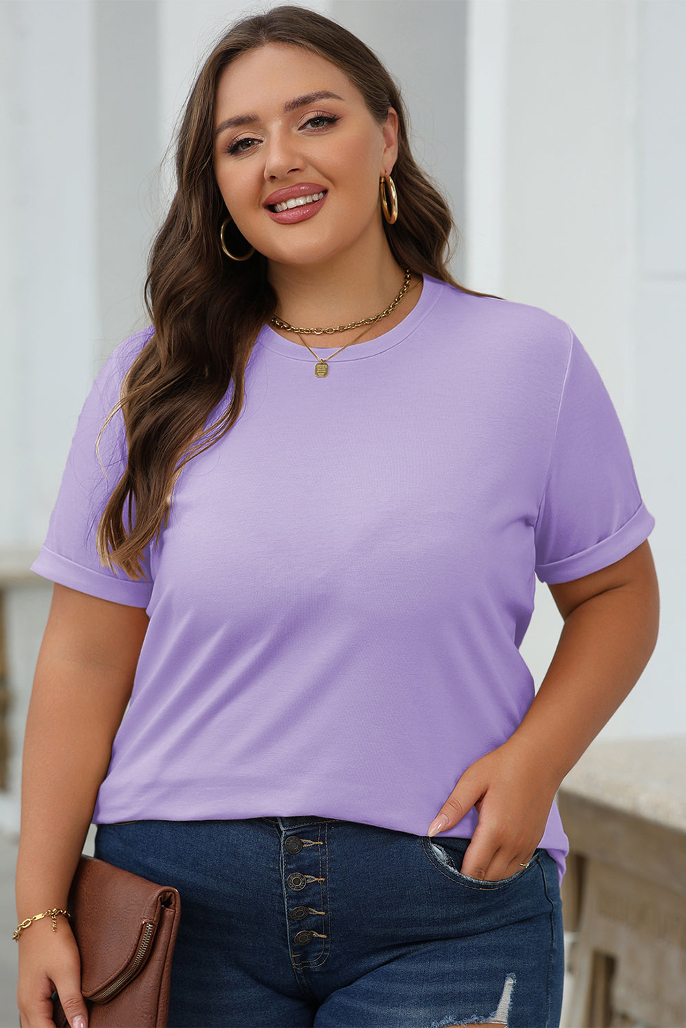 Wisteria Casual Plain Crew Neck Tee-Tops/Tops & Tees-[Adult]-[Female]-2022 Online Blue Zone Planet