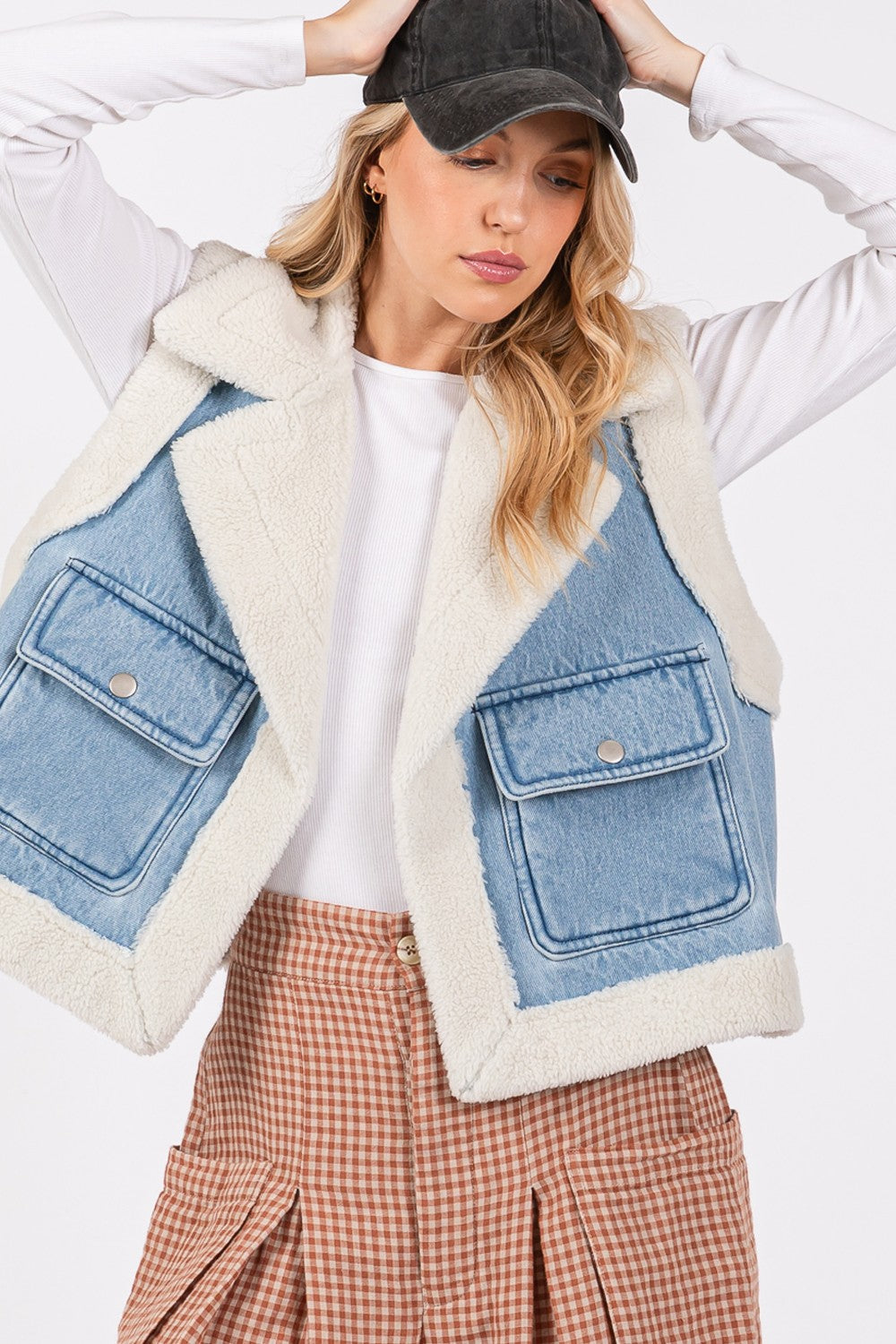 Blue Zone Planet | SAGE + FIG Pocketed Collared Neck Sherpa Vest-TOPS / DRESSES-[Adult]-[Female]-Denim Blue-S/M-2022 Online Blue Zone Planet