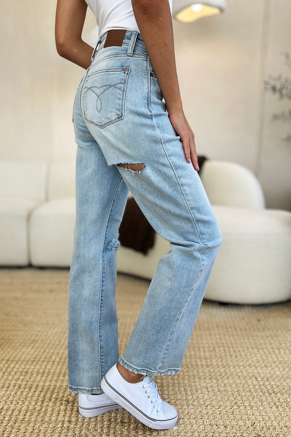 Judy Blue Full Size High Waist Distressed Straight Jeans-BOTTOM SIZES SMALL MEDIUM LARGE-[Adult]-[Female]-2022 Online Blue Zone Planet