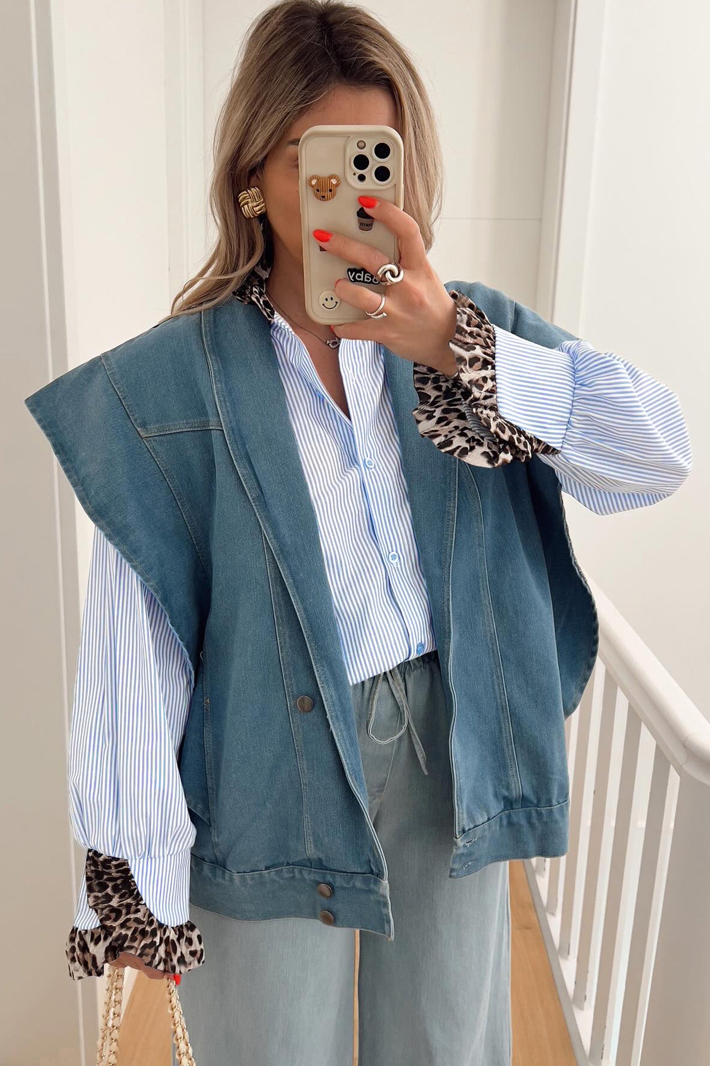 Sky Blue Stripe Ruffled Leopard Patchwork Long Sleeve Button Down Loose Shirt-Tops/Blouses & Shirts-[Adult]-[Female]-2022 Online Blue Zone Planet