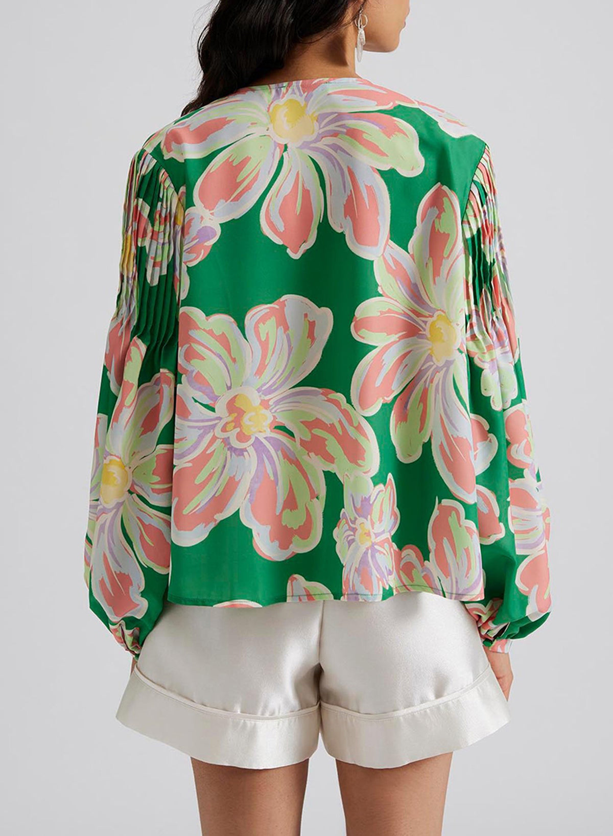 Green Floral Print Button up Pleated Puff Sleeve Loose Shirt-Tops/Blouses & Shirts-[Adult]-[Female]-2022 Online Blue Zone Planet