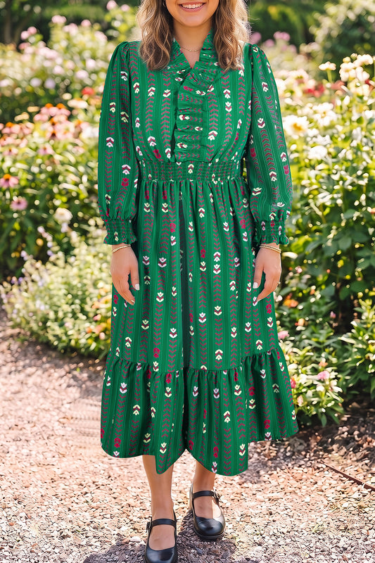 Green Floral Print V Neck Long Sleeve Shift Plus Size Dress-TOPS / DRESSES-[Adult]-[Female]-Green-1X-2022 Online Blue Zone Planet