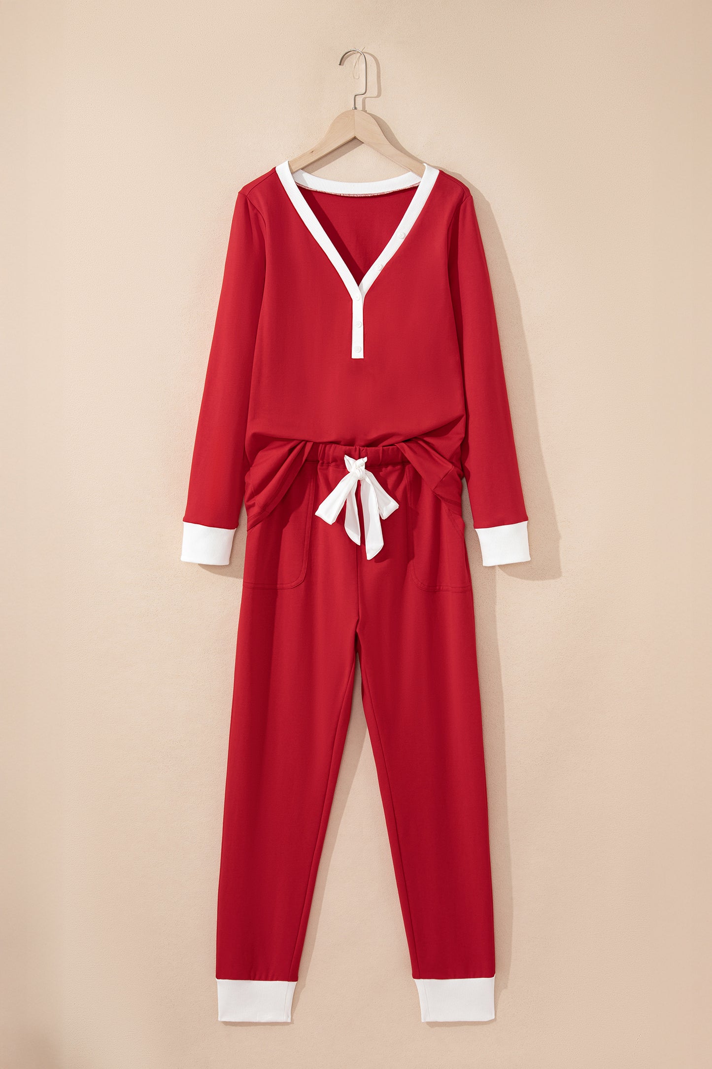 Fiery Red Contrast Trim Button V Neck Ribbon Bow Knot Waist 2pcs Lounge Pant Set-Loungewear & Sleepwear/Loungewear-[Adult]-[Female]-2022 Online Blue Zone Planet