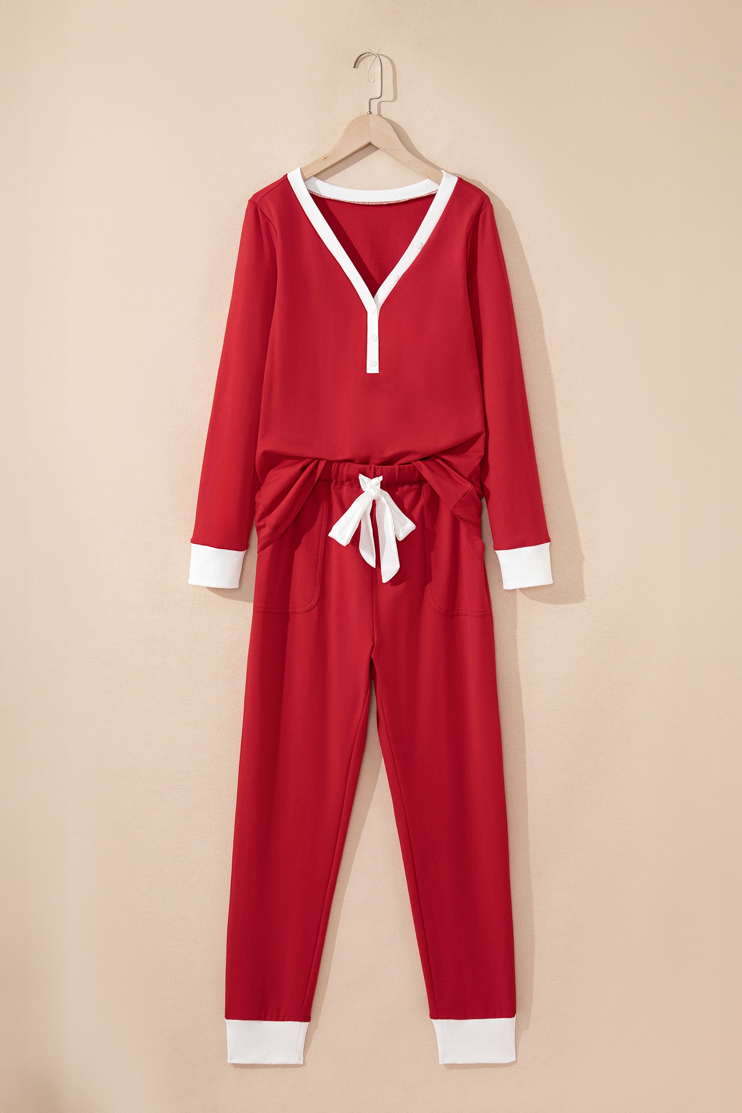 Fiery Red Contrast Trim Button V Neck Ribbon Bow Knot Waist 2pcs Lounge Pant Set-Loungewear & Sleepwear/Loungewear-[Adult]-[Female]-2022 Online Blue Zone Planet