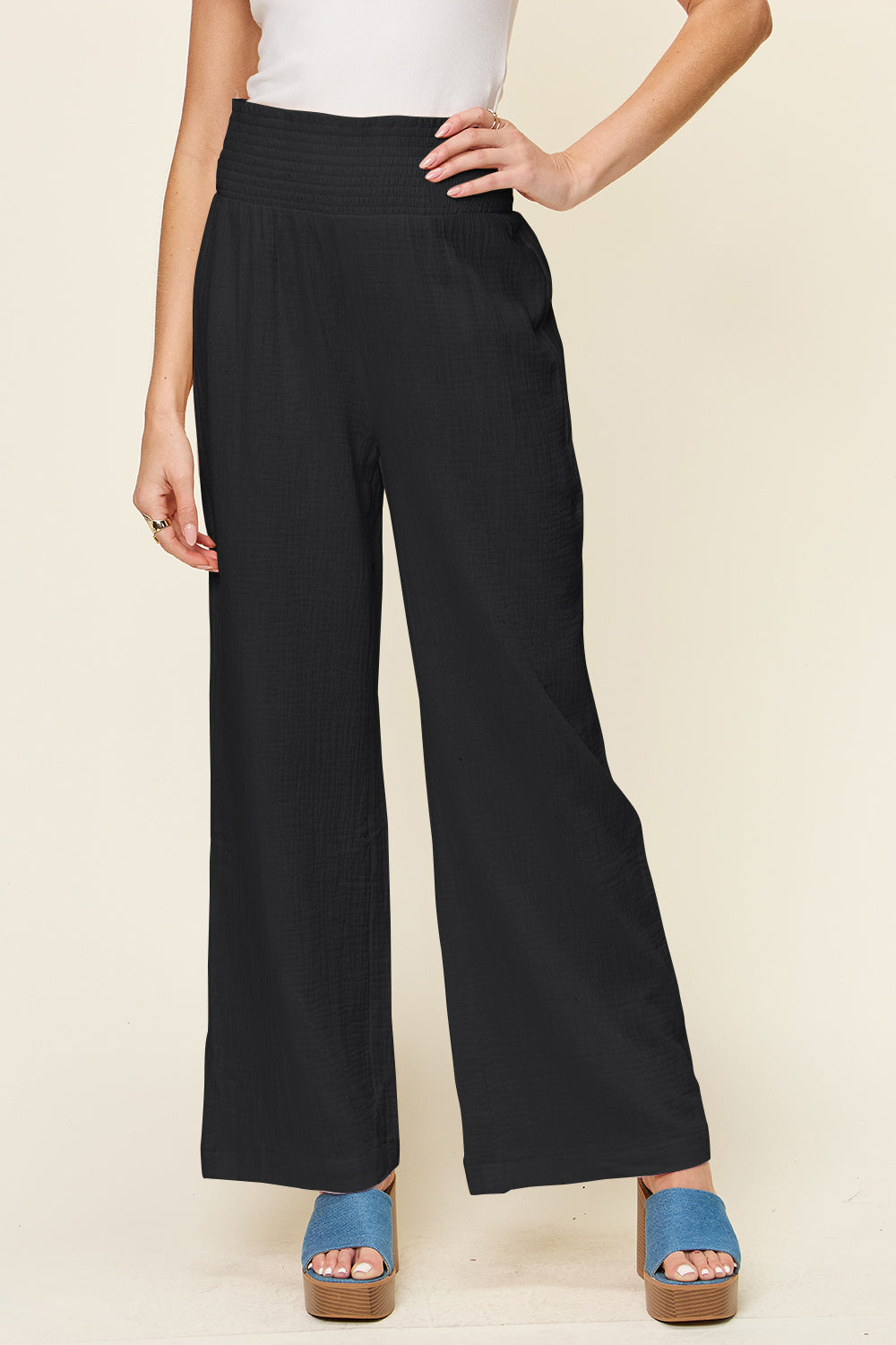 Double Take Full Size Texture Smocked Waist Wide Leg Pants-BOTTOMS SIZES SMALL MEDIUM LARGE-[Adult]-[Female]-Black-S-2022 Online Blue Zone Planet