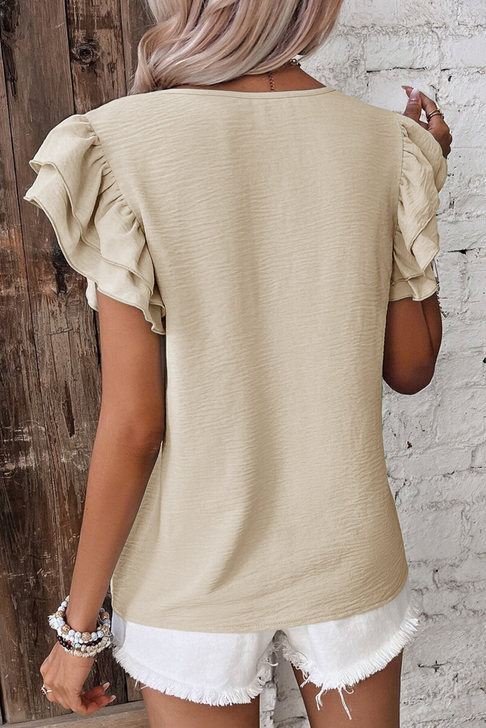 Beige Solid Color Ruffled Short Sleeve Casual Blouse-Tops/Blouses & Shirts-[Adult]-[Female]-2022 Online Blue Zone Planet