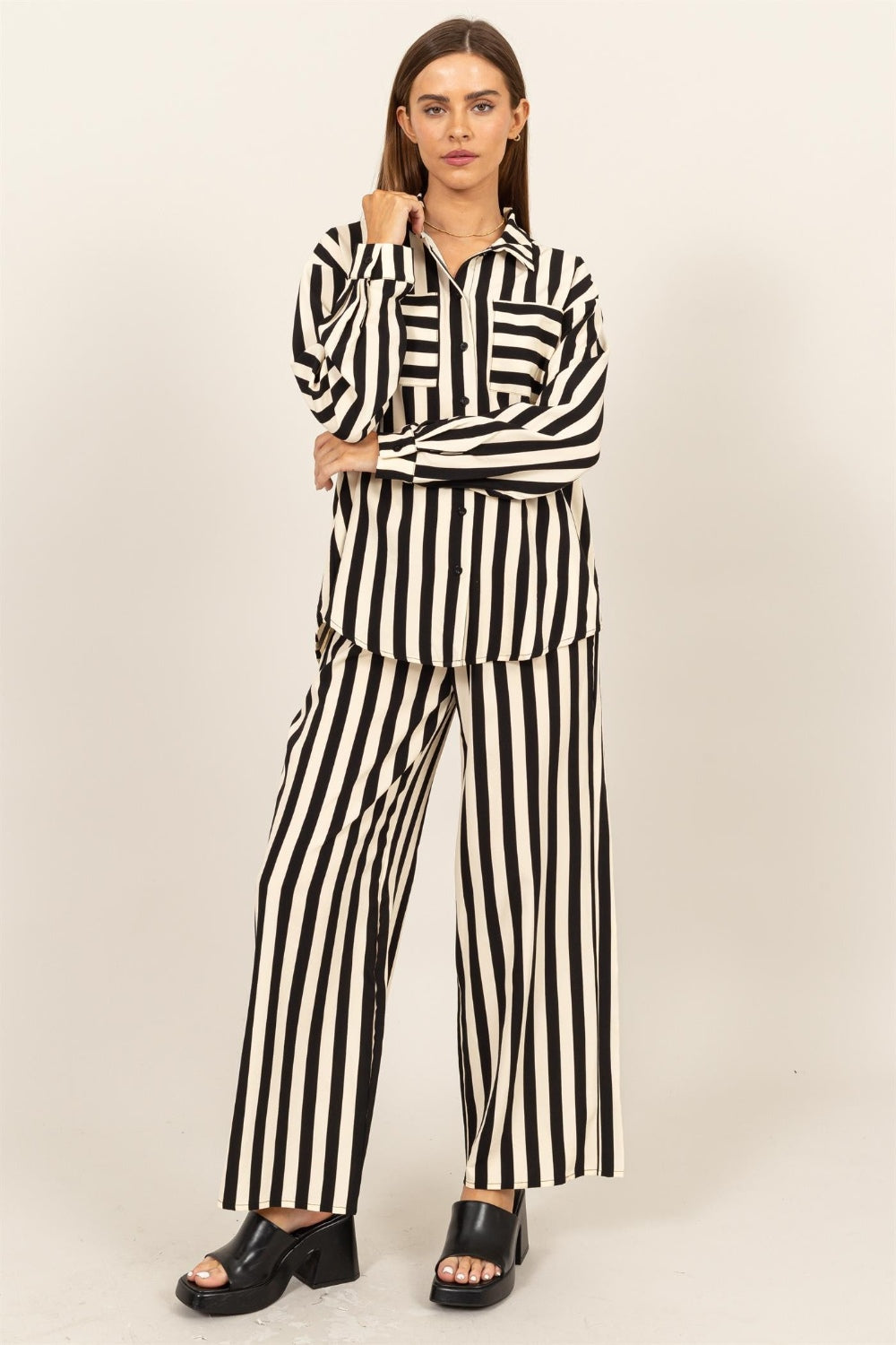 Blue Zone Planet | HYFVE Striped Button Up Shirt and Pants Set-TOPS / DRESSES-[Adult]-[Female]-Black-S-2022 Online Blue Zone Planet