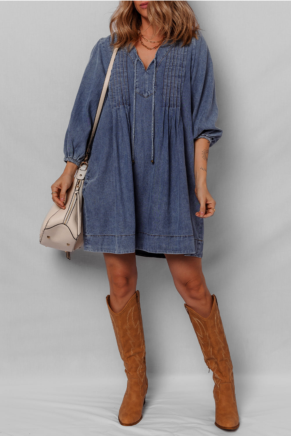 Everyday The Label Women's Sail Blue 3/4 Sleeve Tied V Neck Pleated Denim Mini Dress in Mid Blue | Size: Large Everyday The Label Women's Sail Blue 3/4 Sleeve Tied V Neck Pleated Denim Mini Dress in Mid Blue | Size: Large