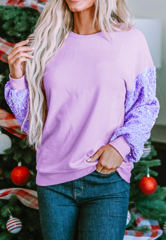 Sequin Round Neck Long Sleeve Sweatshirt-TOPS / DRESSES-[Adult]-[Female]-Lavender-S-2022 Online Blue Zone Planet