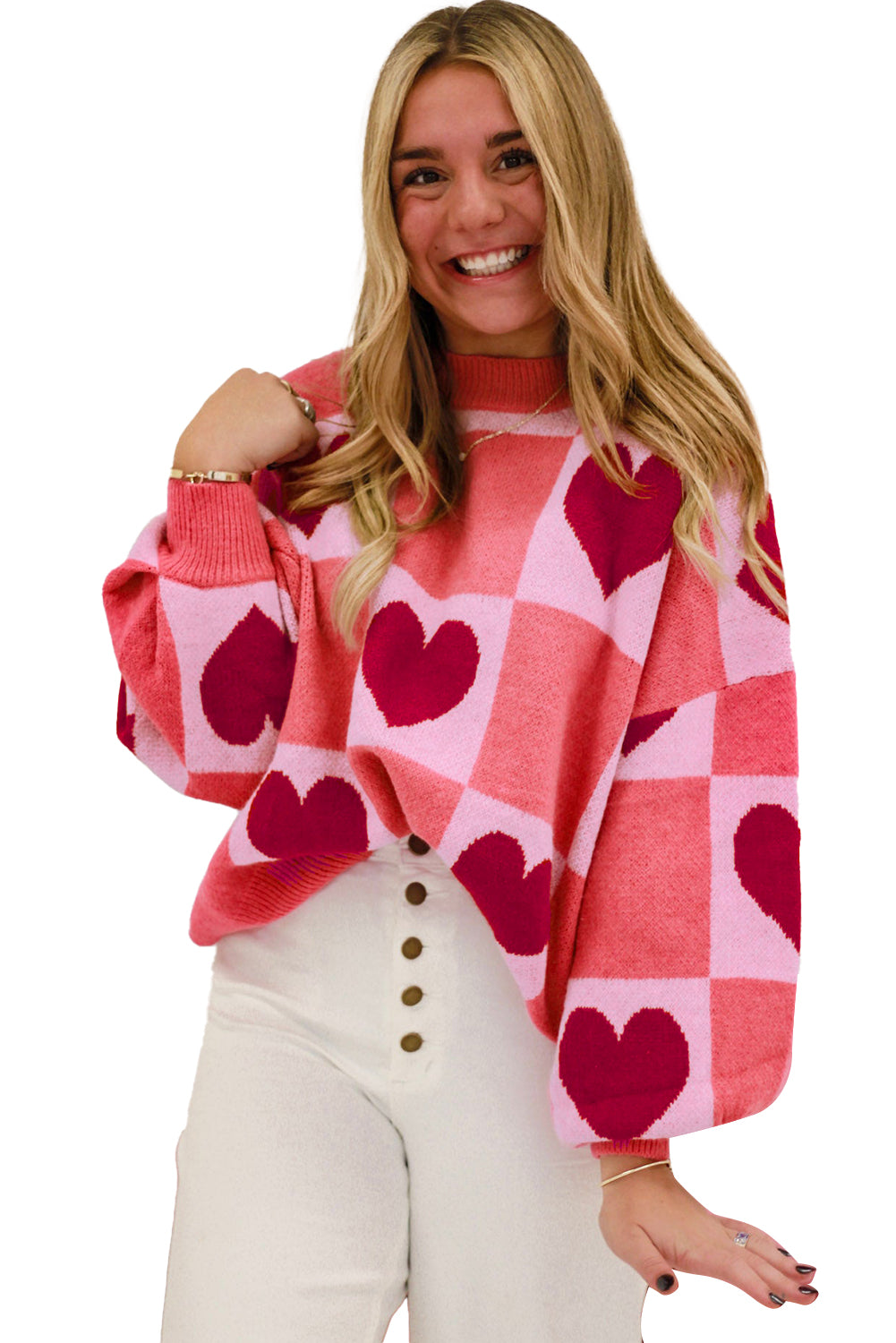 Blue Zone Planet | Pink Plus Size Heart Colorblock Mock Neck Lantern Sleeve Sweater-Plus Size Sweaters&Cardigans-[Adult]-[Female]-2022 Online Blue Zone Planet