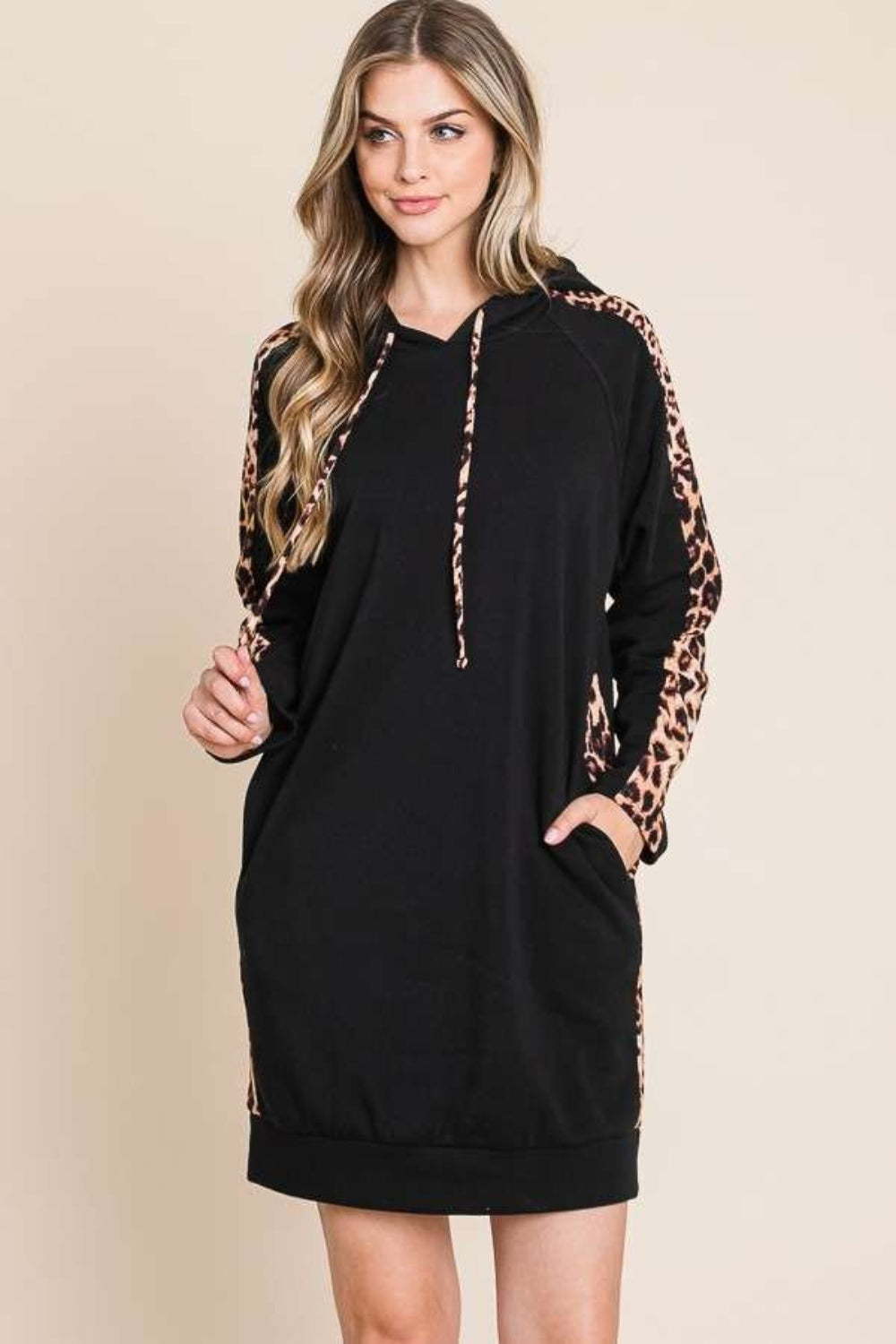 Blue Zone Planet |  Culture Code Drawstring Leopard Long Sleeve Hooded Dress BLUE ZONE PLANET