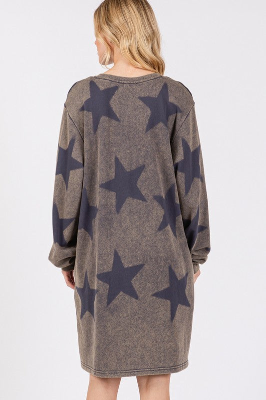 Blue Zone Planet | SAGE + FIG Washed Star Print Round Neck Dress-TOPS / DRESSES-[Adult]-[Female]-2022 Online Blue Zone Planet