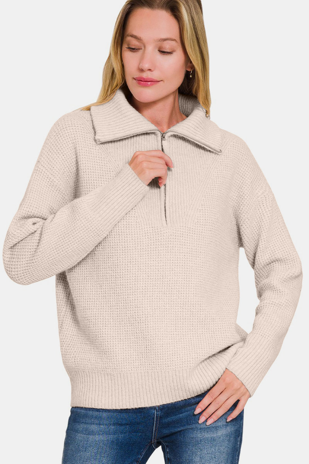 Zenana Half Zip Long Sleeve Sweater-TOPS / DRESSES-[Adult]-[Female]-2022 Online Blue Zone Planet