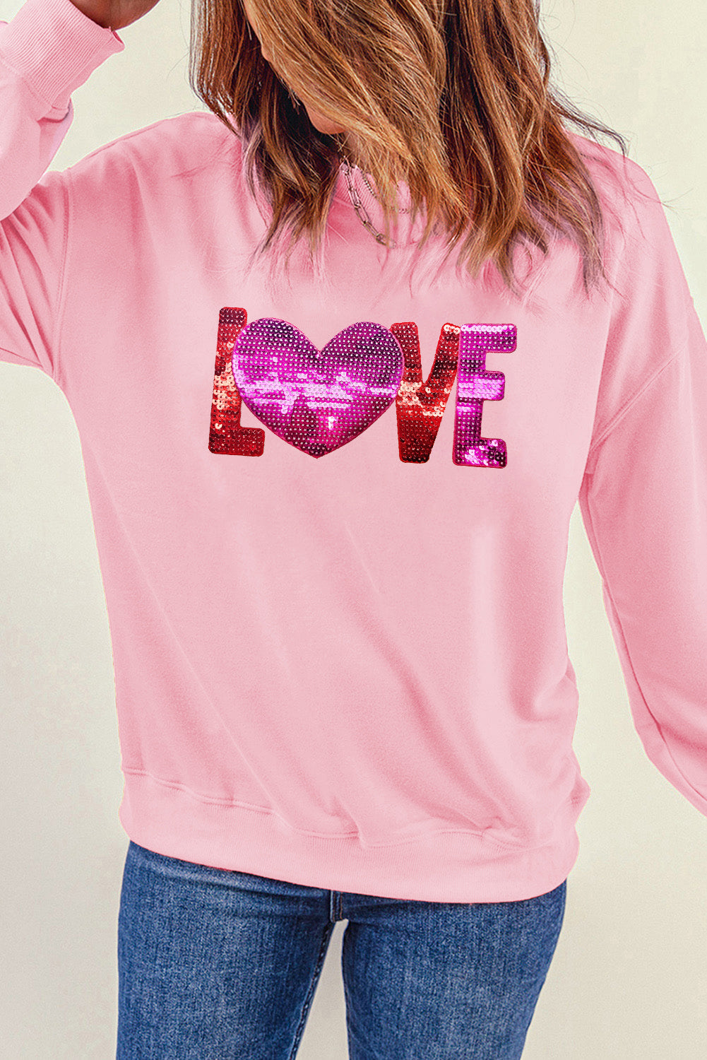 Pink LOVE Patched Pattern Drop Shoulder Valentines Pullover Sweatshirt-Graphic Sweatshirts-[Adult]-[Female]-2022 Online Blue Zone Planet