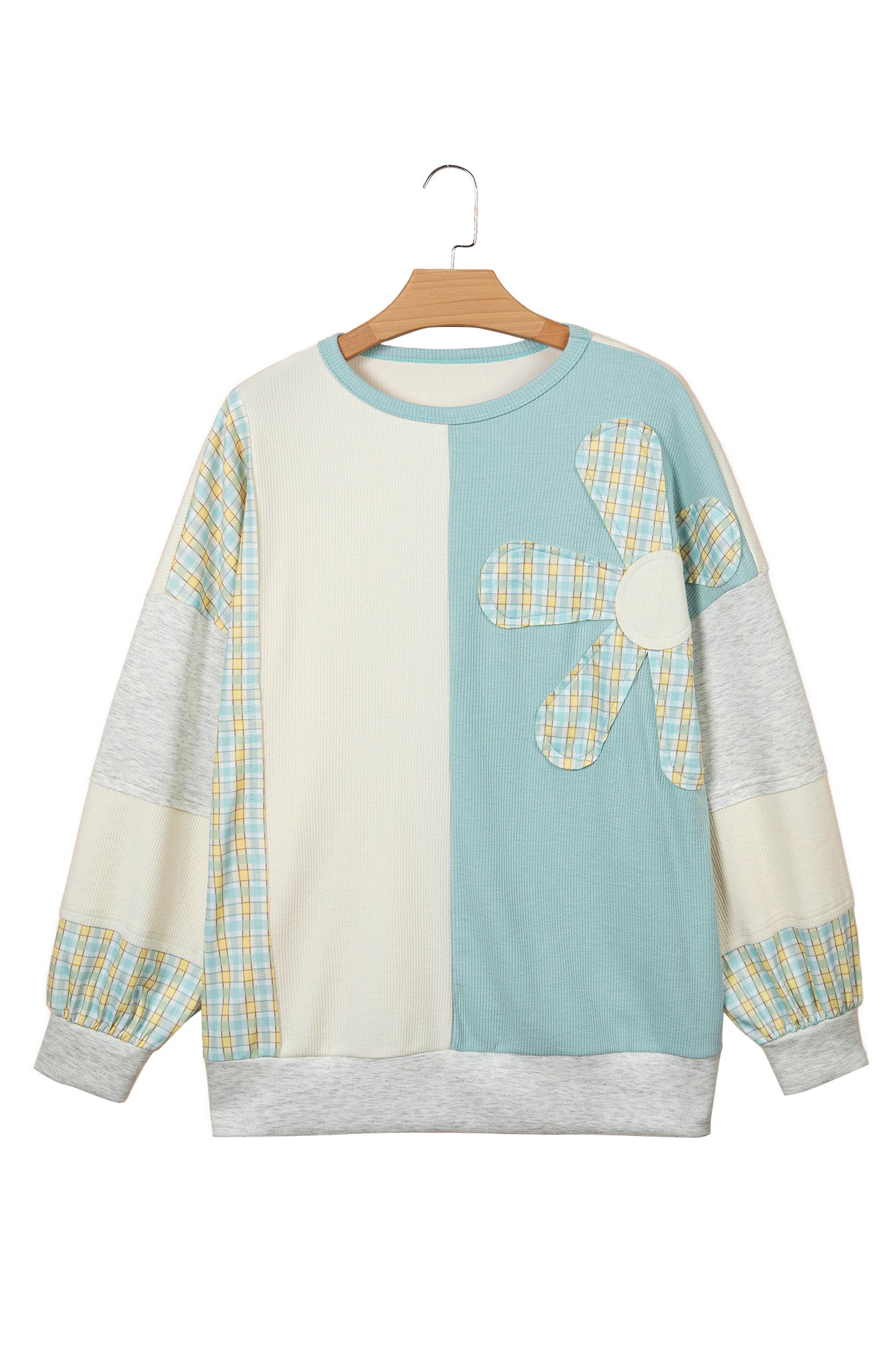 Light Blue Plaid Patchwork Round Neck Long Sleeve Top-Tops/Long Sleeve Tops-[Adult]-[Female]-2022 Online Blue Zone Planet