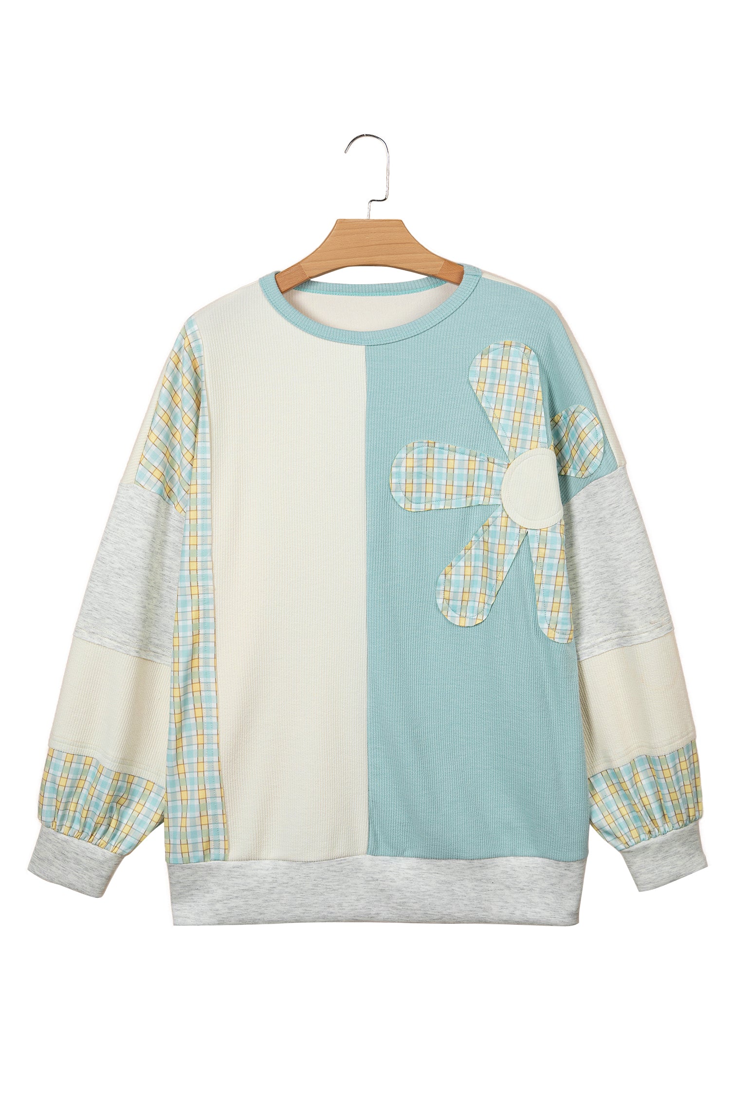 Light Blue Plaid Patchwork Round Neck Long Sleeve Top-Tops/Long Sleeve Tops-[Adult]-[Female]-2022 Online Blue Zone Planet