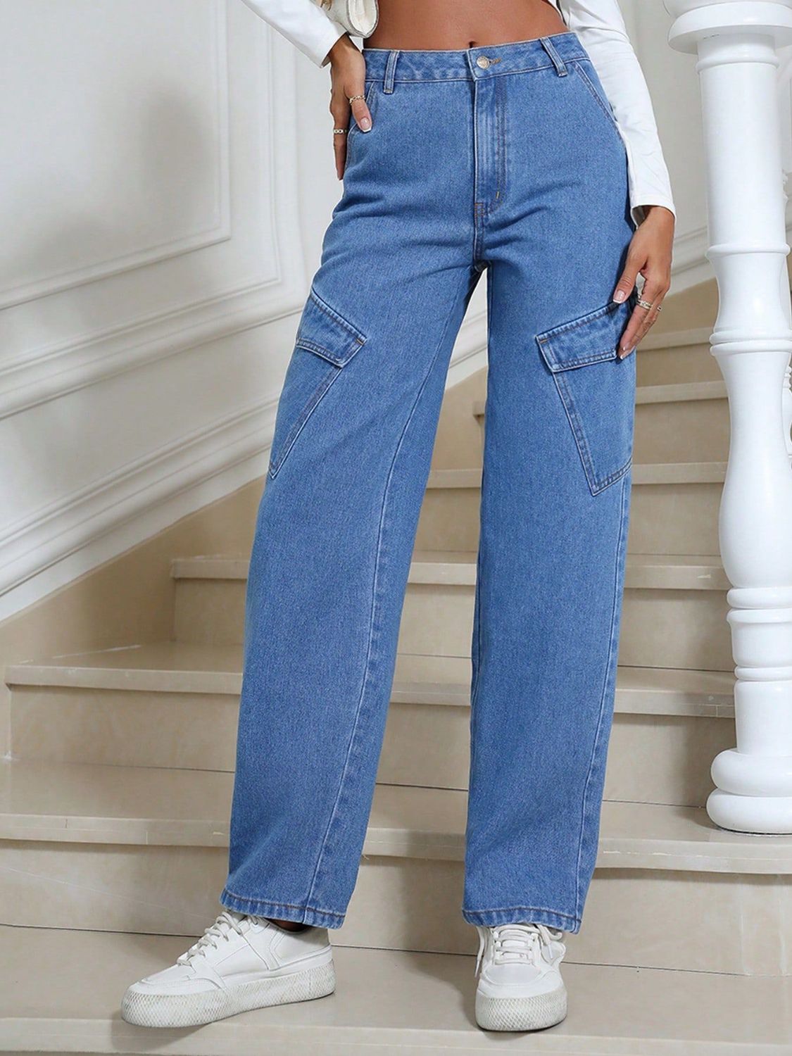 High Waist Straight Leg Jeans with Pockets-[Adult]-[Female]-2022 Online Blue Zone Planet