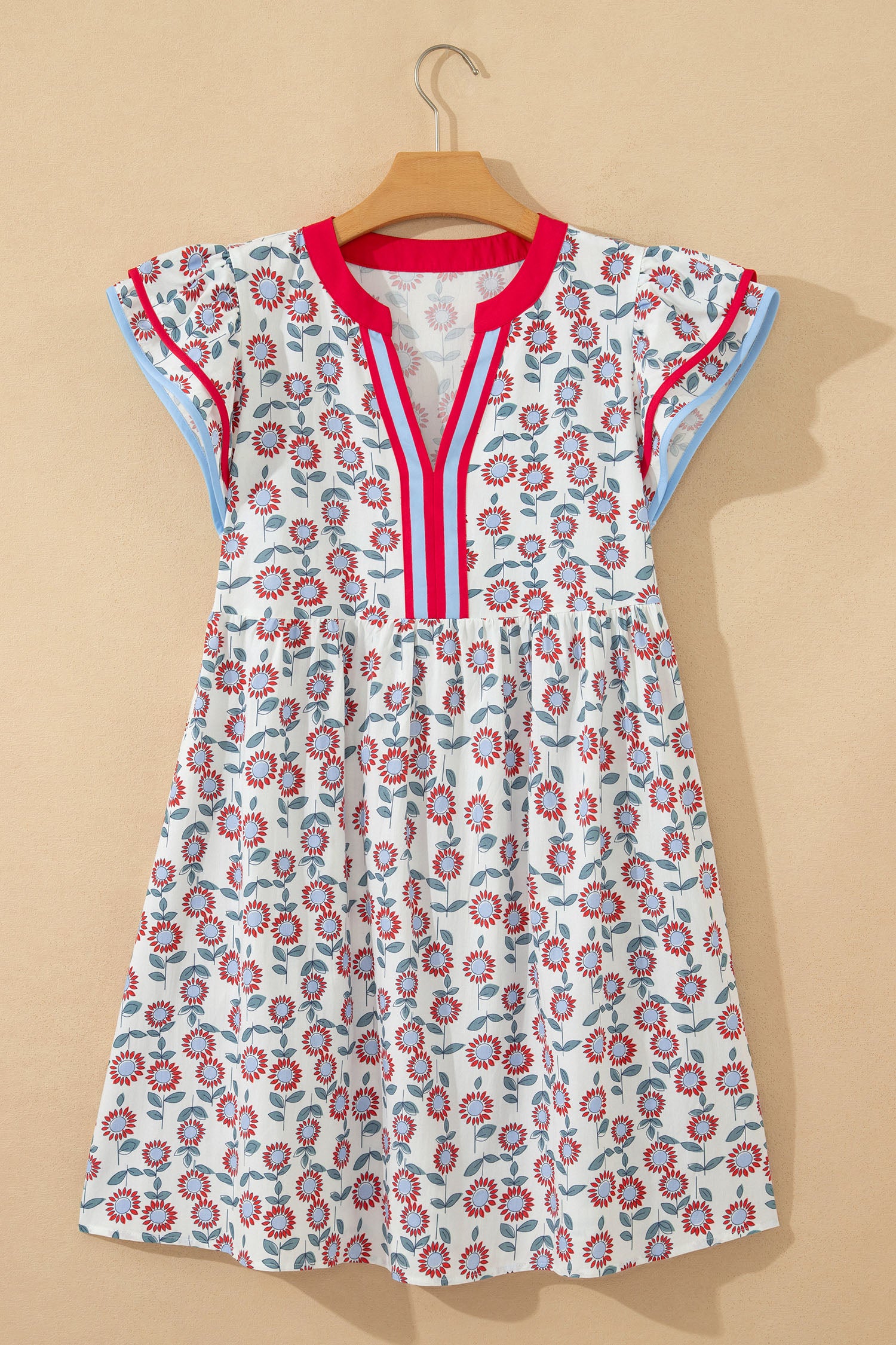 Sky Blue Floral Print Contrast Trim Flutter Sleeve Mini Dress-TOPS / DRESSES-[Adult]-[Female]-2022 Online Blue Zone Planet