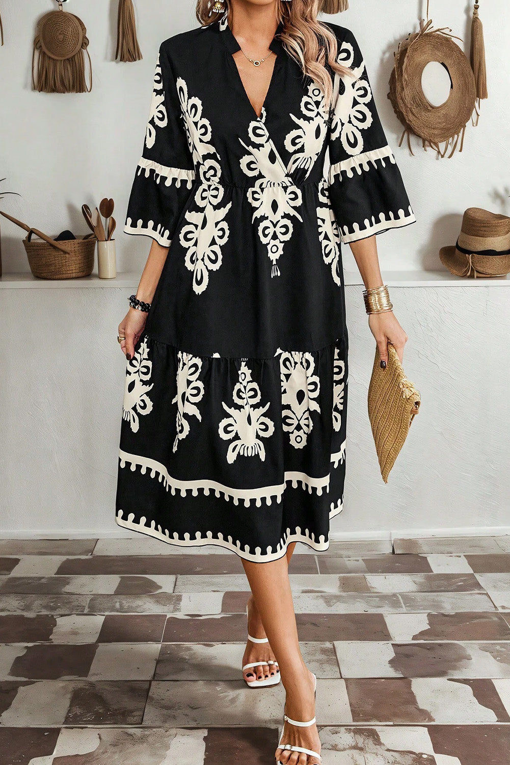 Black Western Geometric Print 3/4 Sleeve Loose Midi Dress-Dresses/Midi Dresses-[Adult]-[Female]-2022 Online Blue Zone Planet