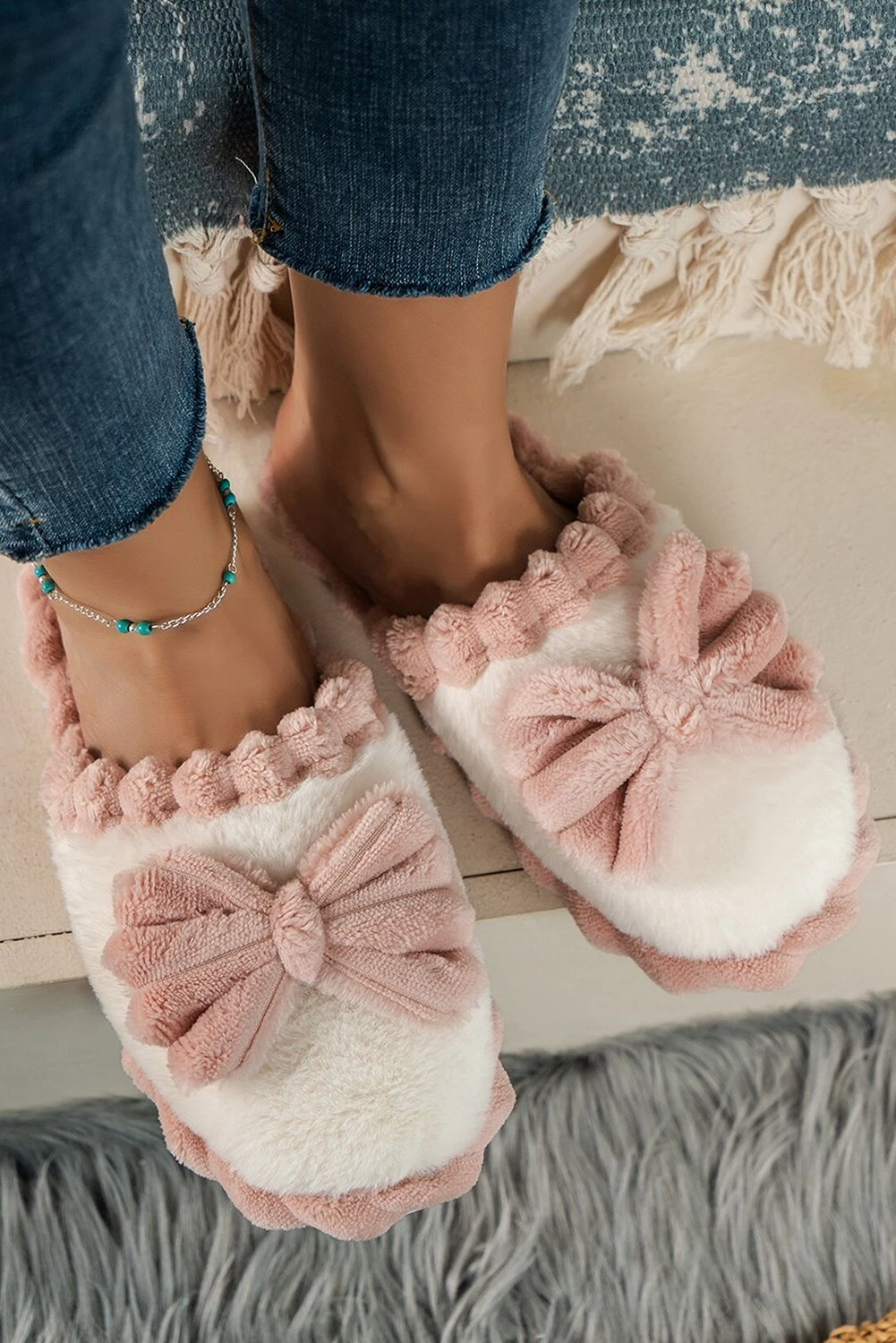 Fushia Bow Plush Winter Slipper-Slides Shoes + Flip Flops-[Adult]-[Female]-2022 Online Blue Zone Planet