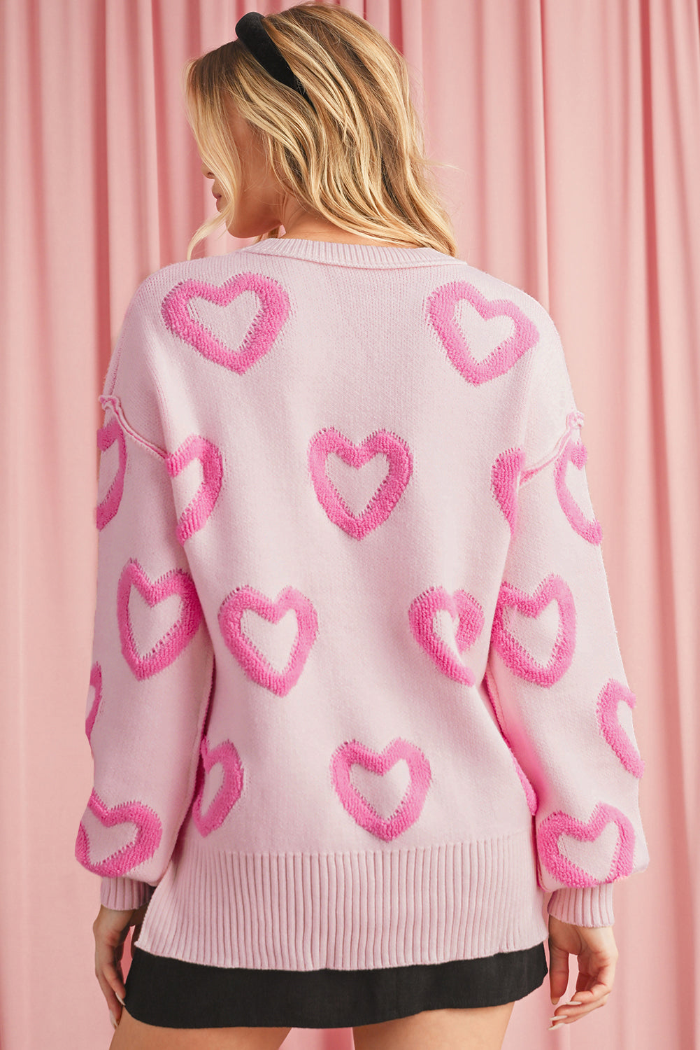 Blue Zone Planet | Pink Heart Shape Bubble Sleeve Baggy Sweater-Sweaters-[Adult]-[Female]-2022 Online Blue Zone Planet