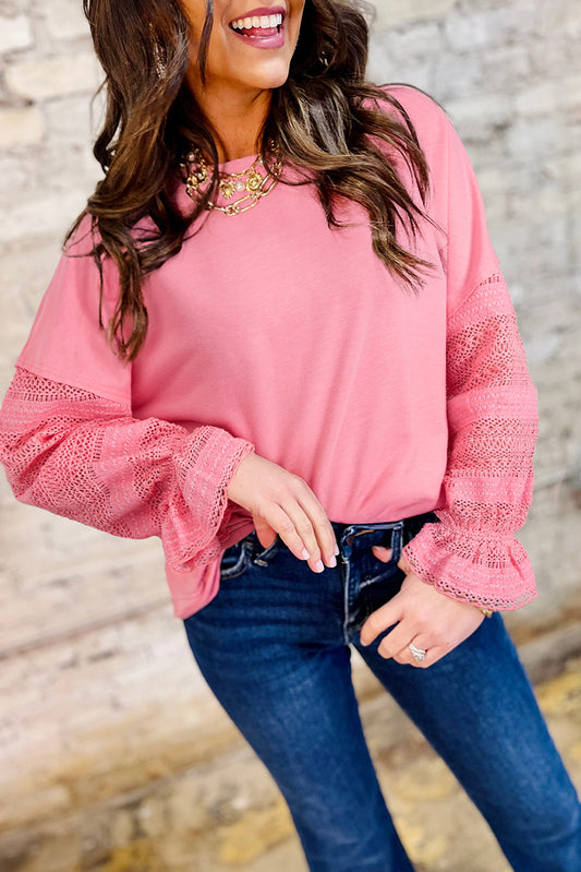 Sachet Pink Drop Shoulder Lace Ruffled Sleeve Patchwork Loose Sweatshirt-Tops/Sweatshirts & Hoodies-[Adult]-[Female]-Sachet Pink-S-2022 Online Blue Zone Planet