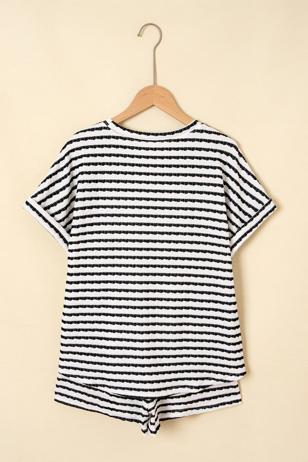 Black Stripe Knitted Short Sleeve Top and Drawstring Shorts Set-Two Piece Sets/Short Sets-[Adult]-[Female]-2022 Online Blue Zone Planet